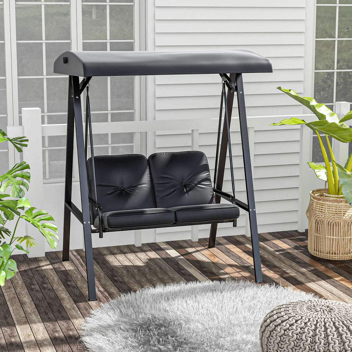 Hollywood swing, 2-seater garden swing with adjustable roof, cushion, swing bench, load capacity up to 220 kg, for garden, balcony, black, 145 x 116 x 172 cm
