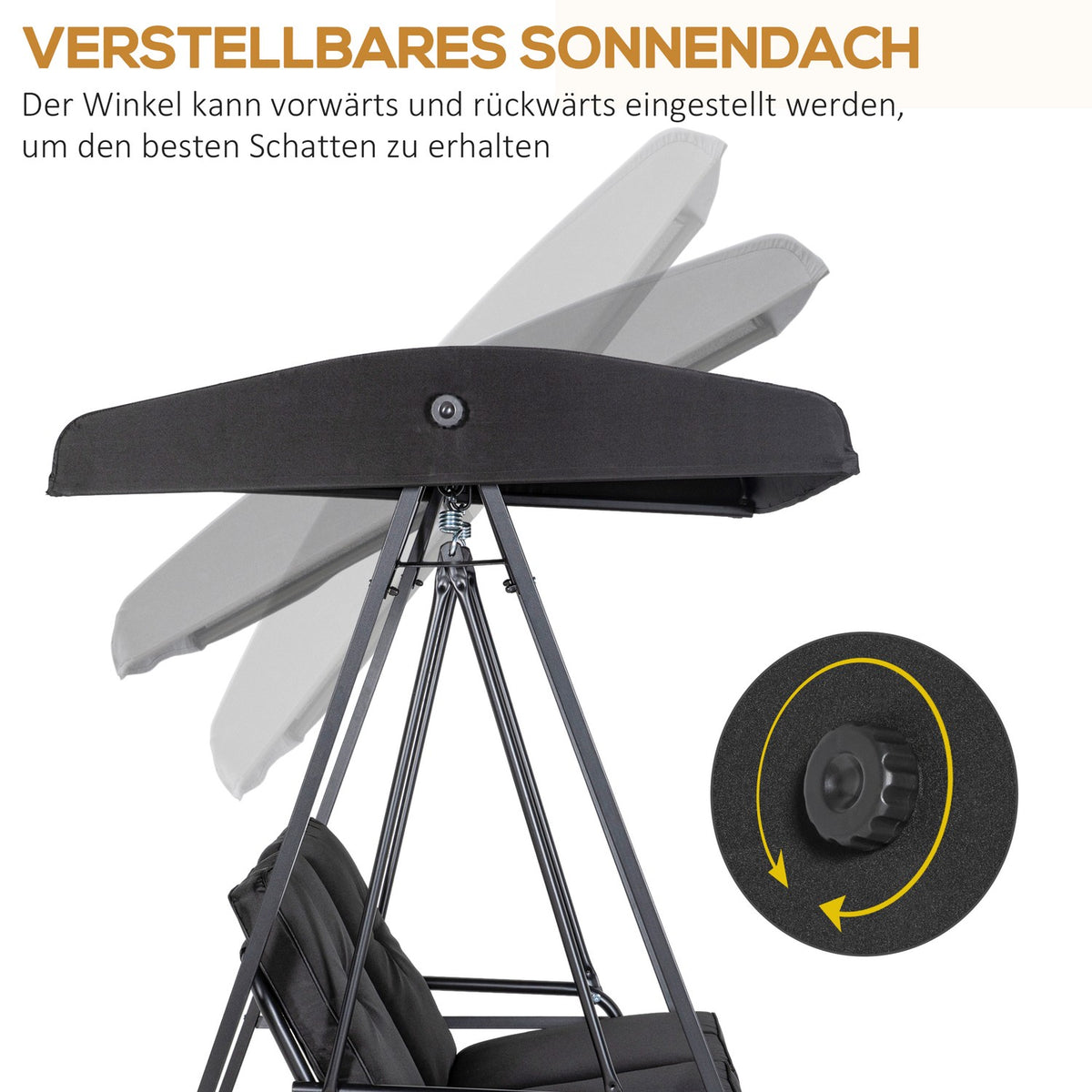 Hollywood swing, 2-seater garden swing with adjustable roof, cushion, swing bench, load capacity up to 220 kg, for garden, balcony, black, 145 x 116 x 172 cm