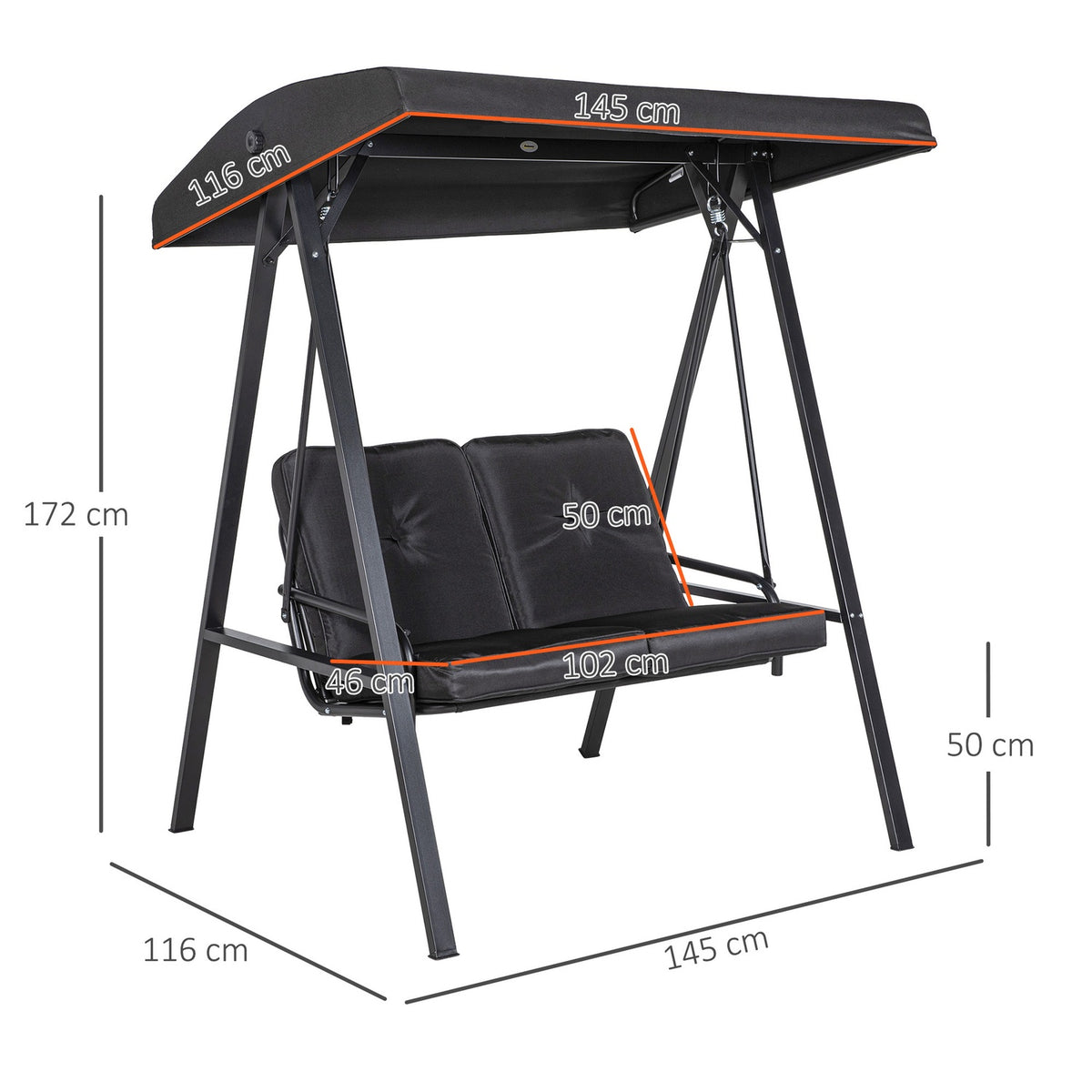 Hollywood swing, 2-seater garden swing with adjustable roof, cushion, swing bench, load capacity up to 220 kg, for garden, balcony, black, 145 x 116 x 172 cm