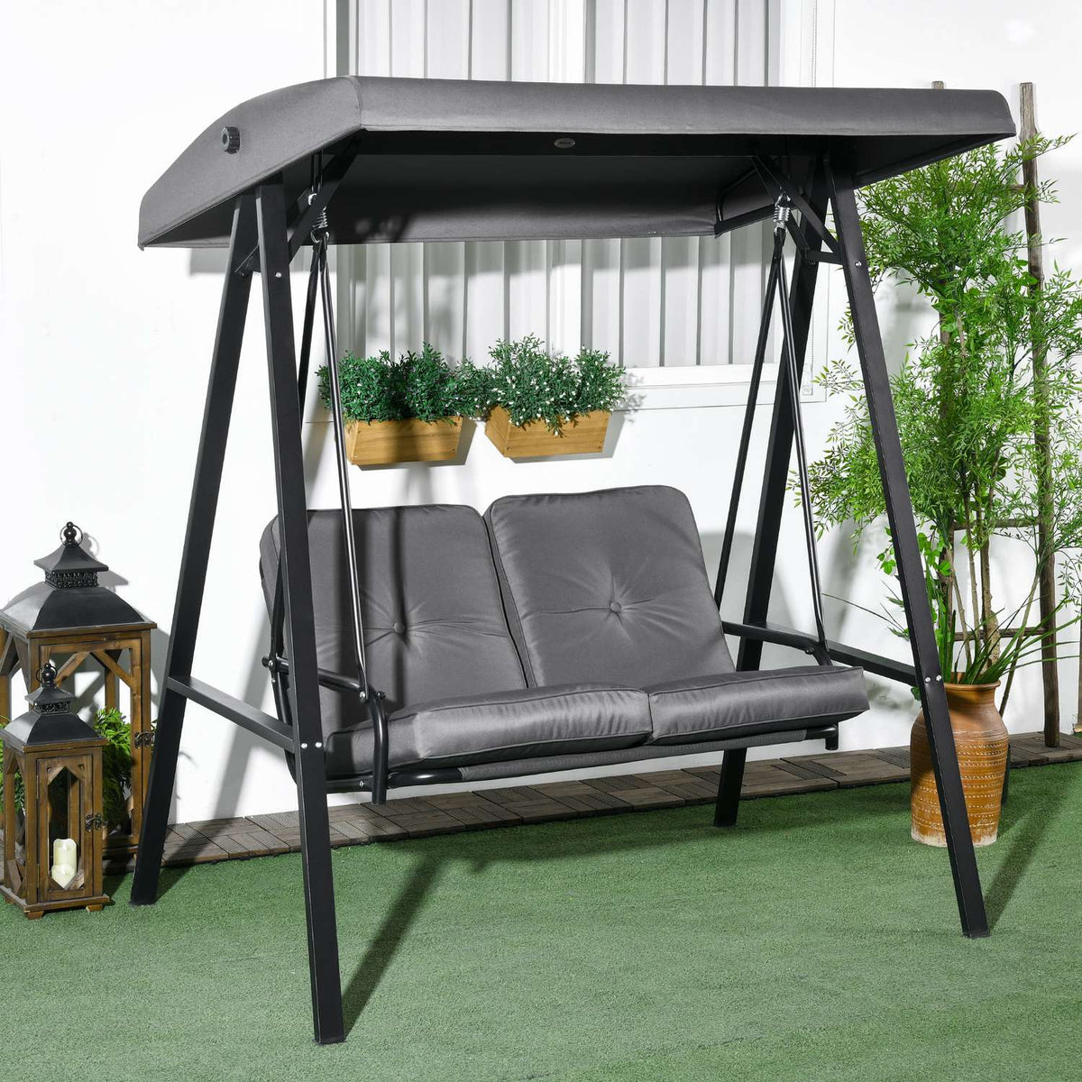 Hollywood swing, 2-seater garden swing with adjustable roof, cushion, swing bench, load capacity up to 220 kg, for garden, balcony, dark grey, 145 x 116 x 172 cm