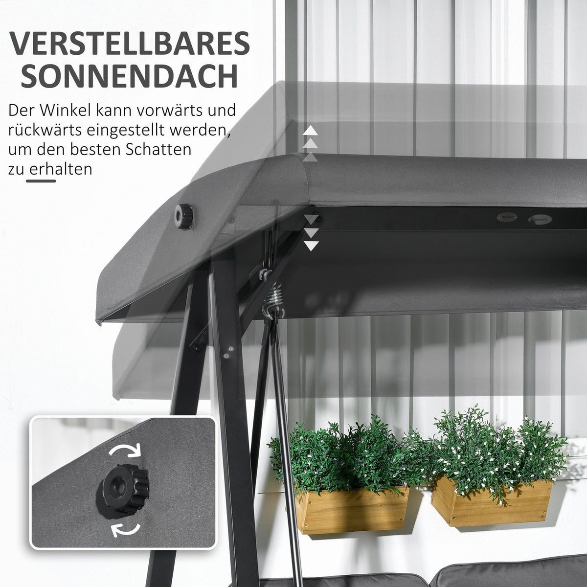 Hollywood swing, 2-seater garden swing with adjustable roof, cushion, swing bench, load capacity up to 220 kg, for garden, balcony, dark grey, 145 x 116 x 172 cm