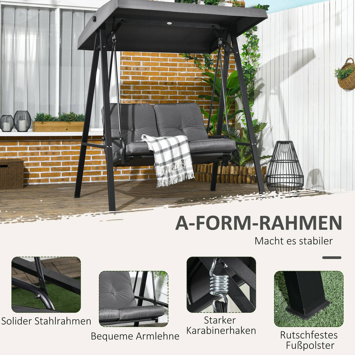 Hollywood swing, 2-seater garden swing with adjustable roof, cushion, swing bench, load capacity up to 220 kg, for garden, balcony, dark grey, 145 x 116 x 172 cm