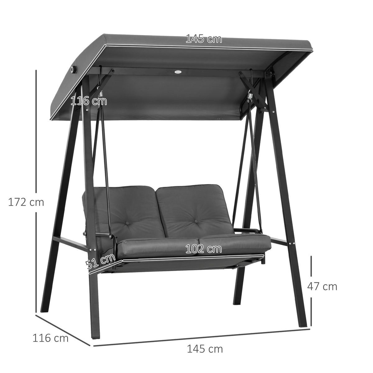 Hollywood swing, 2-seater garden swing with adjustable roof, cushion, swing bench, load capacity up to 220 kg, for garden, balcony, dark grey, 145 x 116 x 172 cm