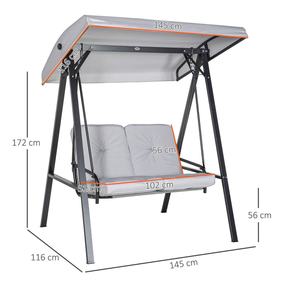Hollywood swing, 2-seater garden swing with adjustable roof, cushion, swing bench, load capacity up to 220 kg, for garden, balcony, grey, 145 x 116 x 172 cm