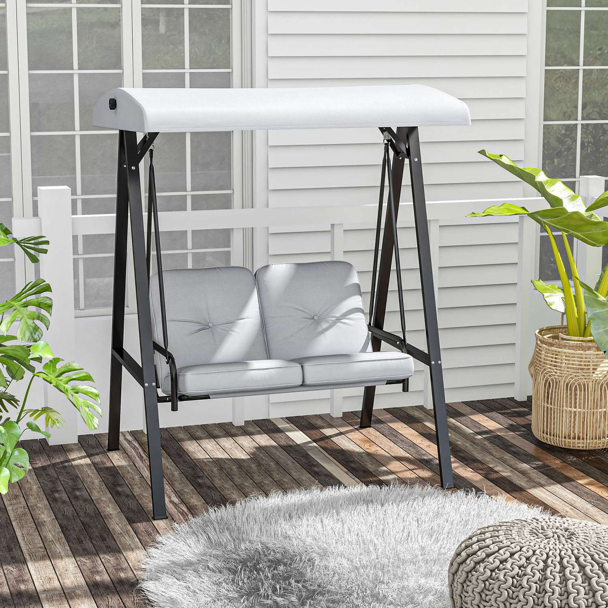 Hollywood swing, 2-seater garden swing with adjustable roof, cushion, swing bench, load capacity up to 220 kg, for garden, balcony, grey, 145 x 116 x 172 cm