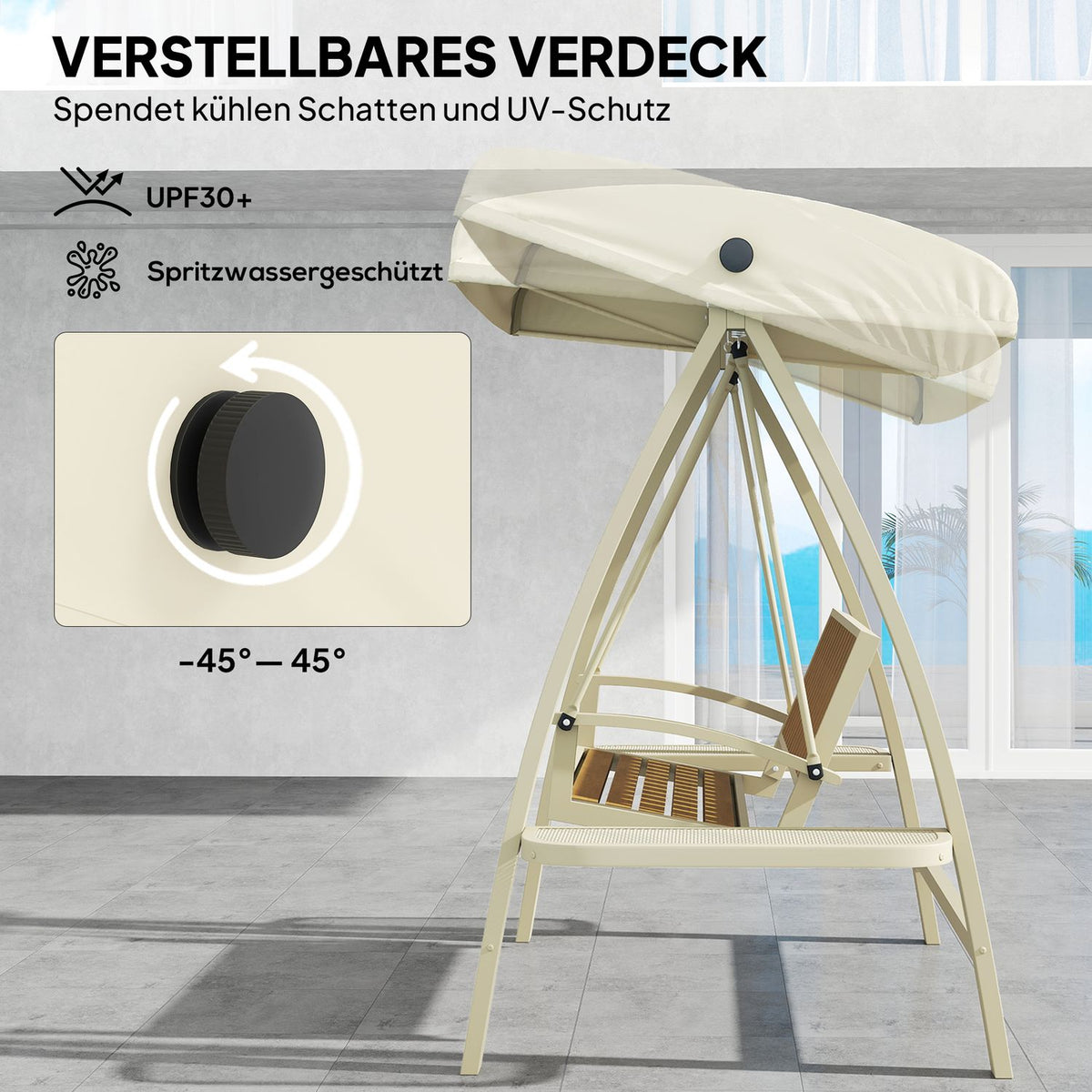 Hollywood swing 2-seater garden swing with adjustable sun canopy, side table, swing bench, load capacity up to 240kg, for garden, terrace, 200 x 120 x 190cm, beige |