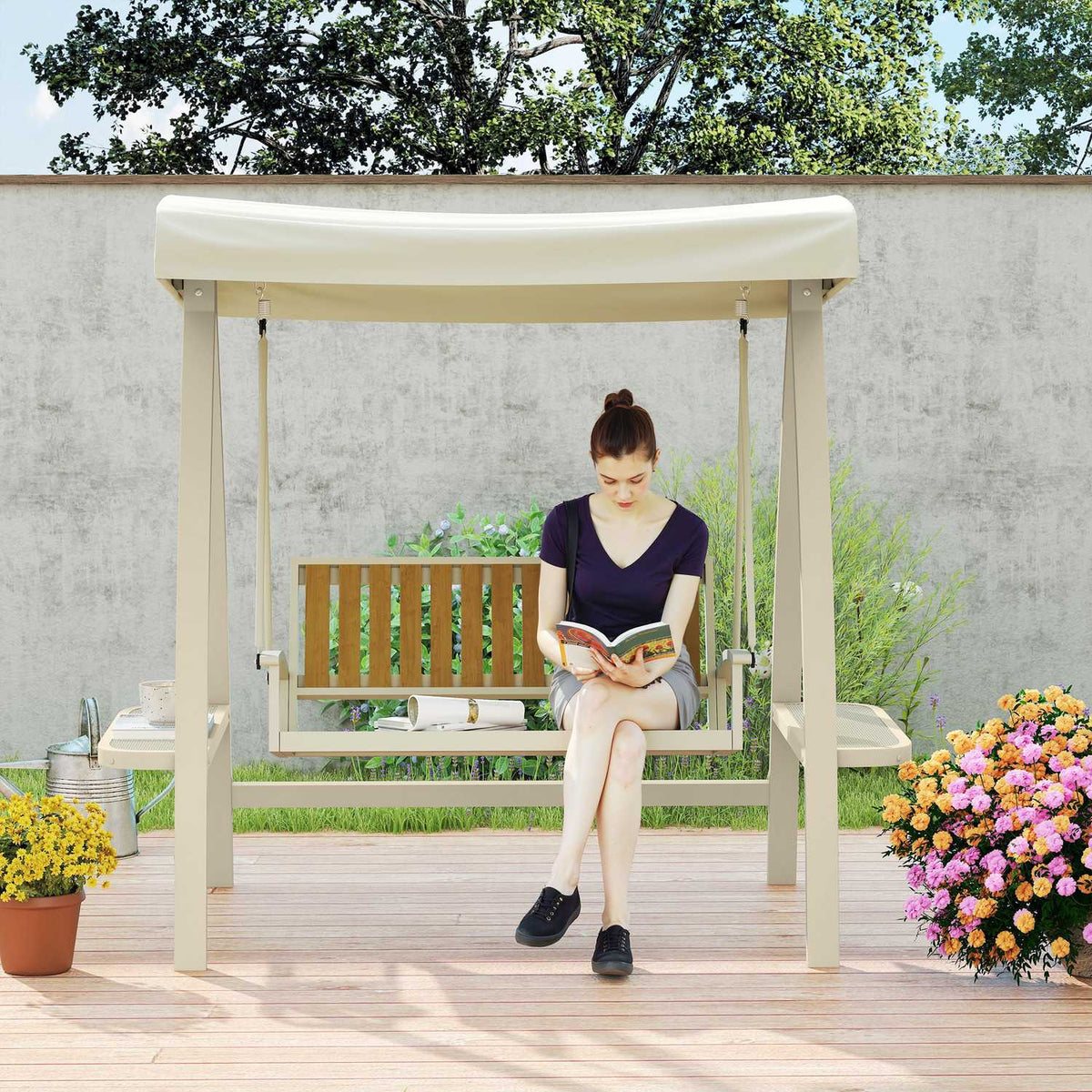 Hollywood swing 2-seater garden swing with adjustable sun canopy, side table, swing bench, load capacity up to 240kg, for garden, terrace, 200 x 120 x 190cm, beige |