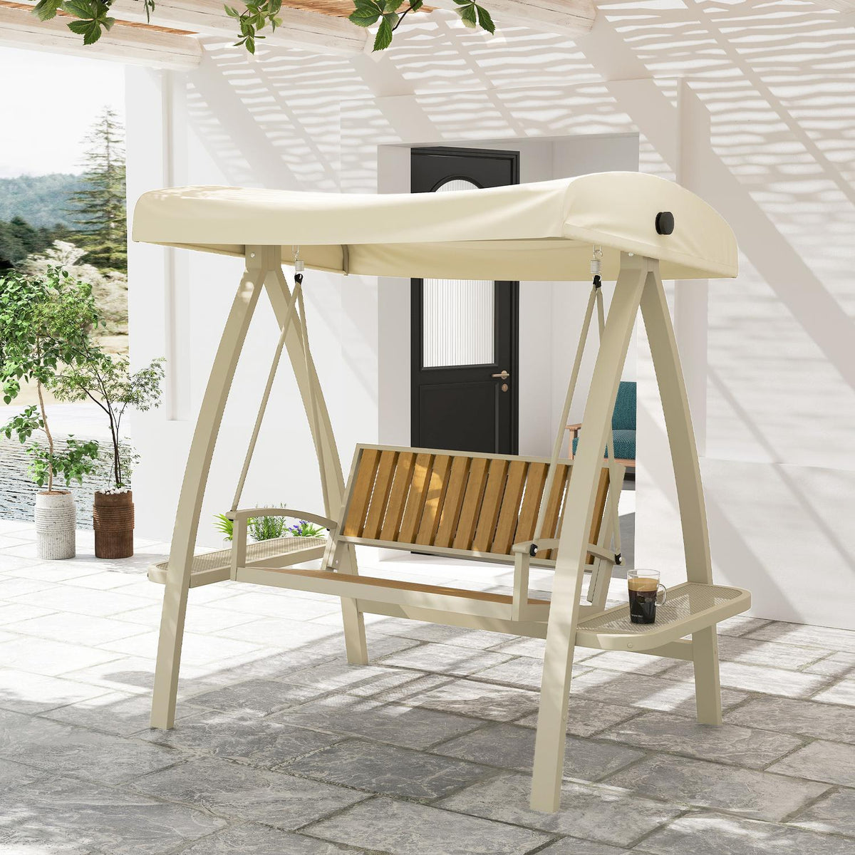 Hollywood swing 2-seater garden swing with adjustable sun canopy, side table, swing bench, load capacity up to 240kg, for garden, terrace, 200 x 120 x 190cm, beige |