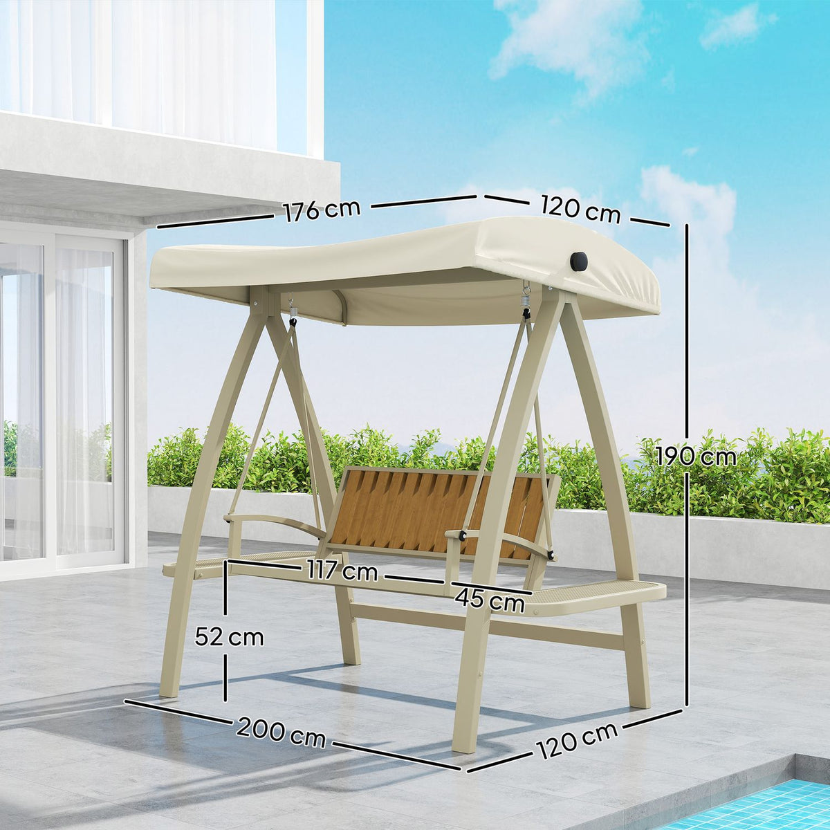 Hollywood swing 2-seater garden swing with adjustable sun canopy, side table, swing bench, load capacity up to 240kg, for garden, terrace, 200 x 120 x 190cm, beige |