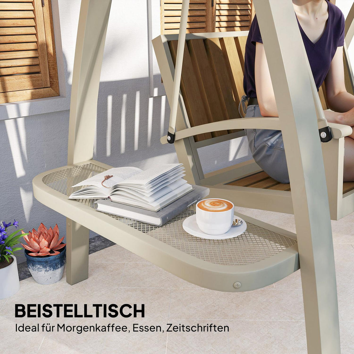 Hollywood swing 2-seater garden swing with adjustable sun canopy, side table, swing bench, load capacity up to 240kg, for garden, terrace, 200 x 120 x 190cm, beige |