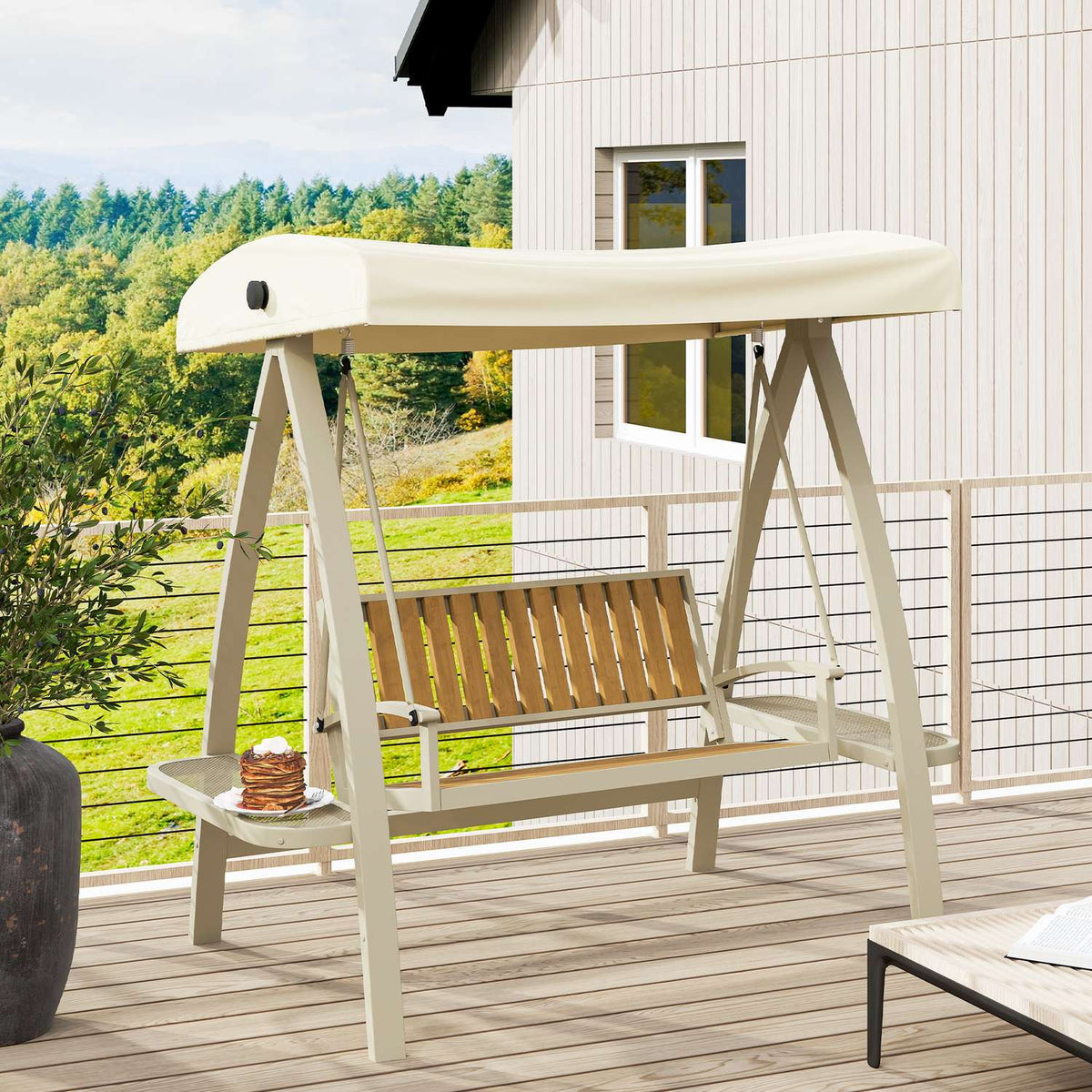 Hollywood swing 2-seater garden swing with adjustable sun canopy, side table, swing bench, load capacity up to 240kg, for garden, terrace, 200 x 120 x 190cm, beige |
