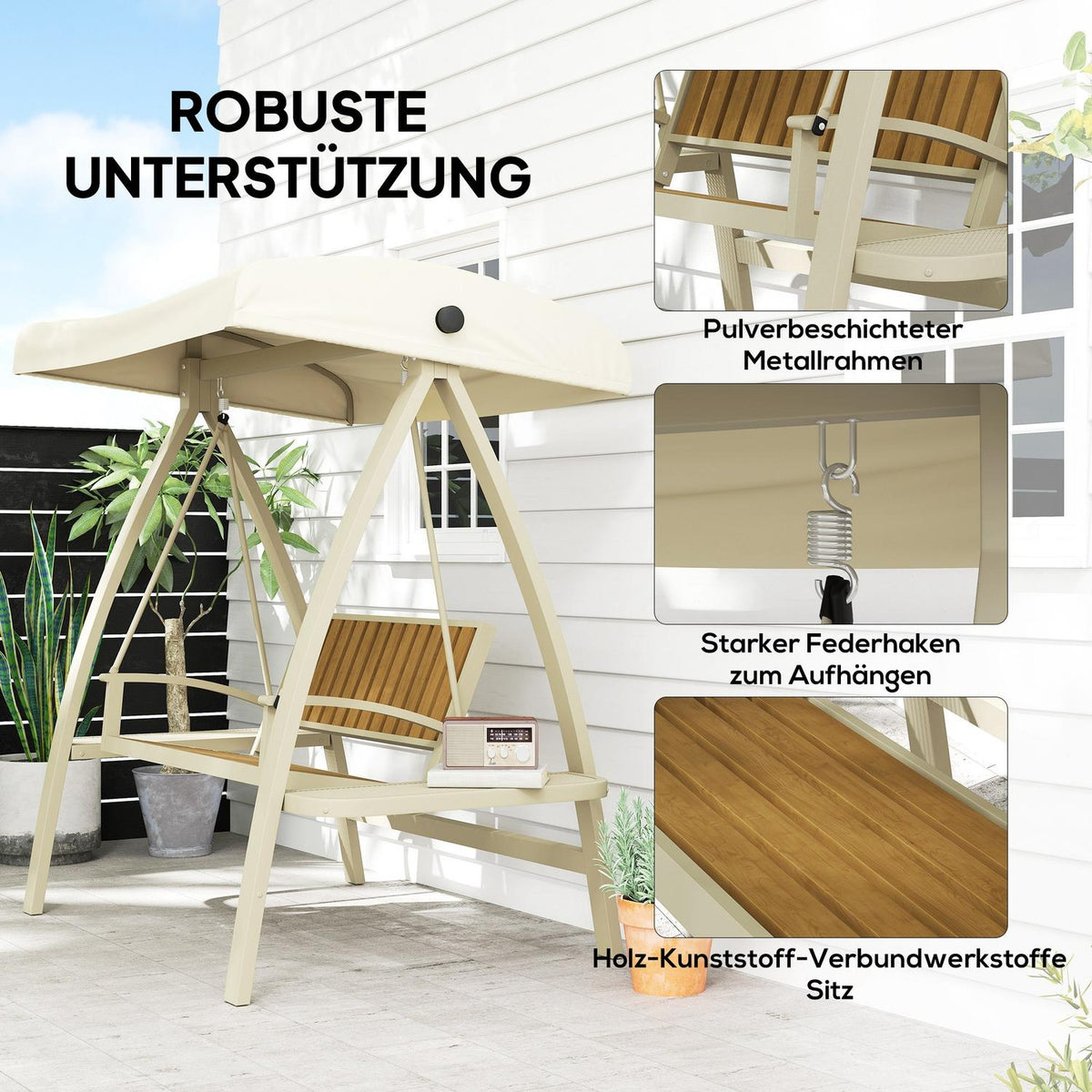 Hollywood swing 2-seater garden swing with adjustable sun canopy, side table, swing bench, load capacity up to 240kg, for garden, terrace, 200 x 120 x 190cm, beige |
