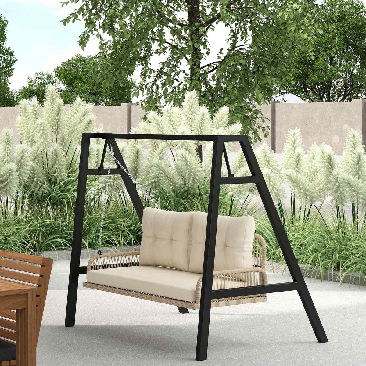 Hollywood swing 2-seater rattan garden swing with cushions chains hanging bench can hold up to 240 kg hanging swing swing bench garden bench for garden balcony 115 x 66 x 44 cm beige