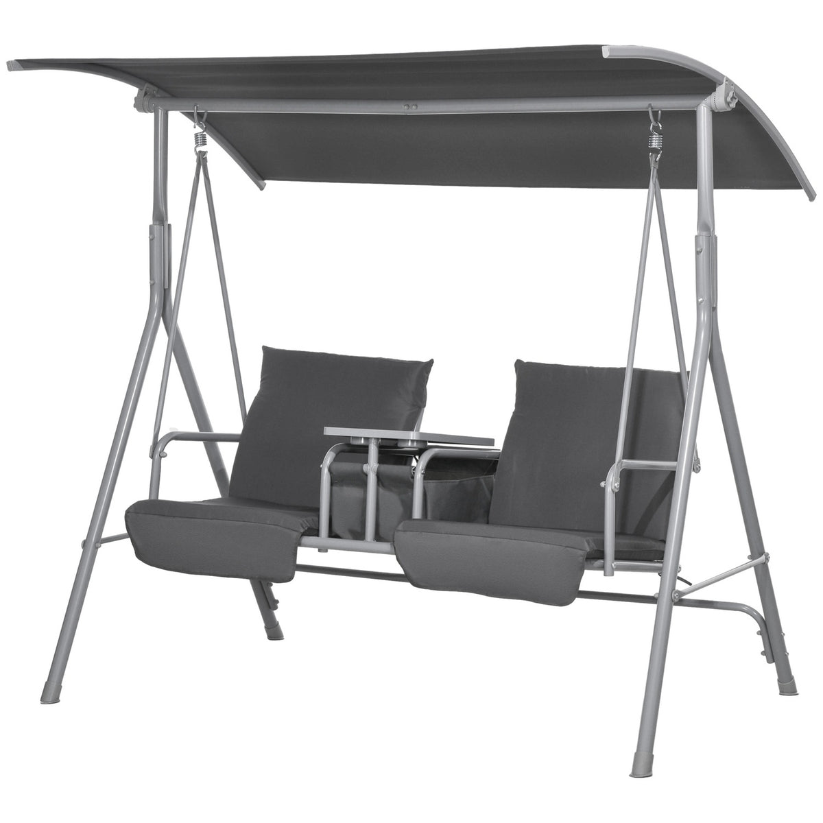 Hollywood swing 2-seater swing bench with canopy, bag, garden swing with tray, load capacity up to 180 kg, for garden, balcony, black
