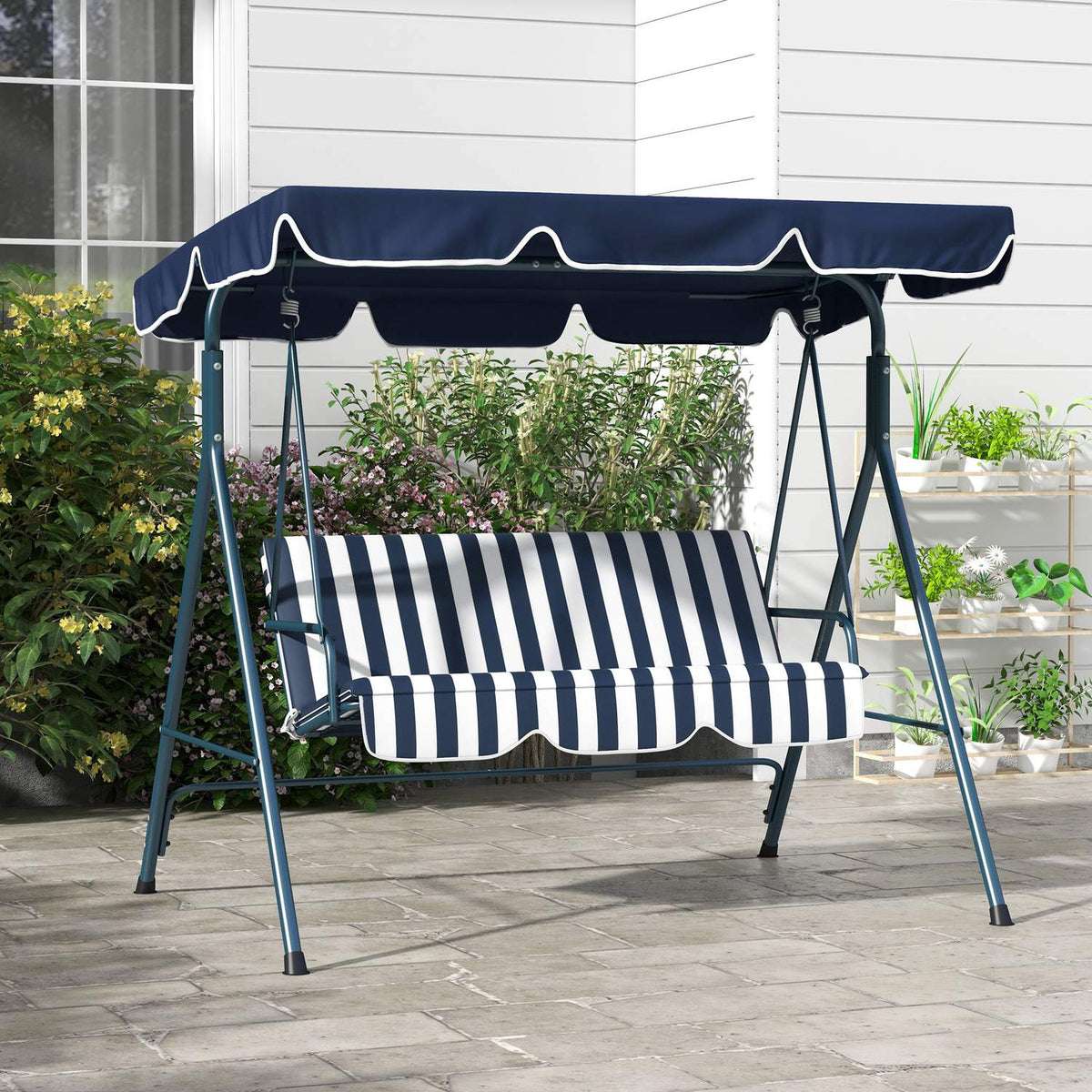 Hollywood swing 3-seater garden swing with adjustable roof, water-repellent swing bench can hold up to 240 kg, for garden, balcony, mesh, blue