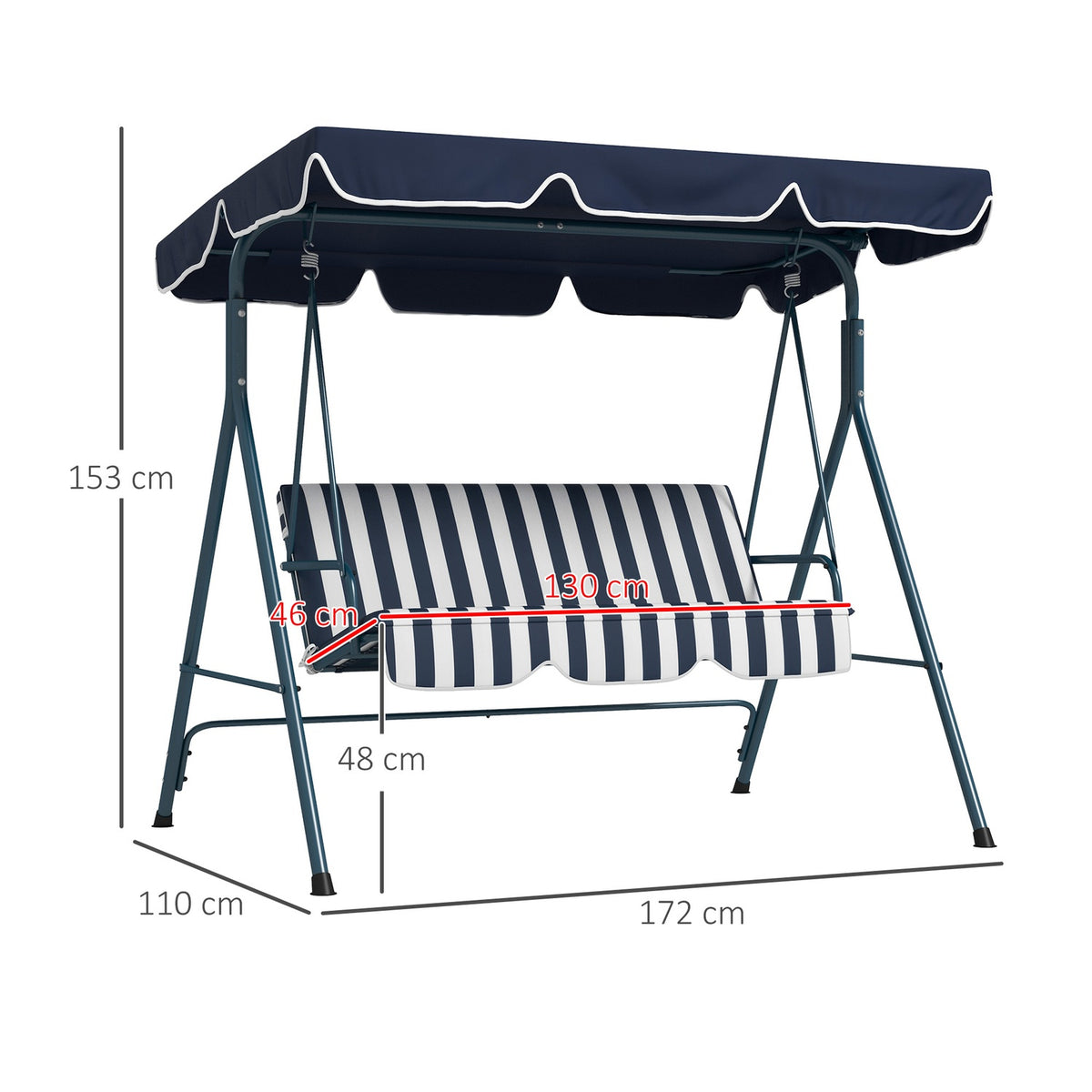 Hollywood swing 3-seater garden swing with adjustable roof, water-repellent swing bench can hold up to 240 kg, for garden, balcony, mesh, blue