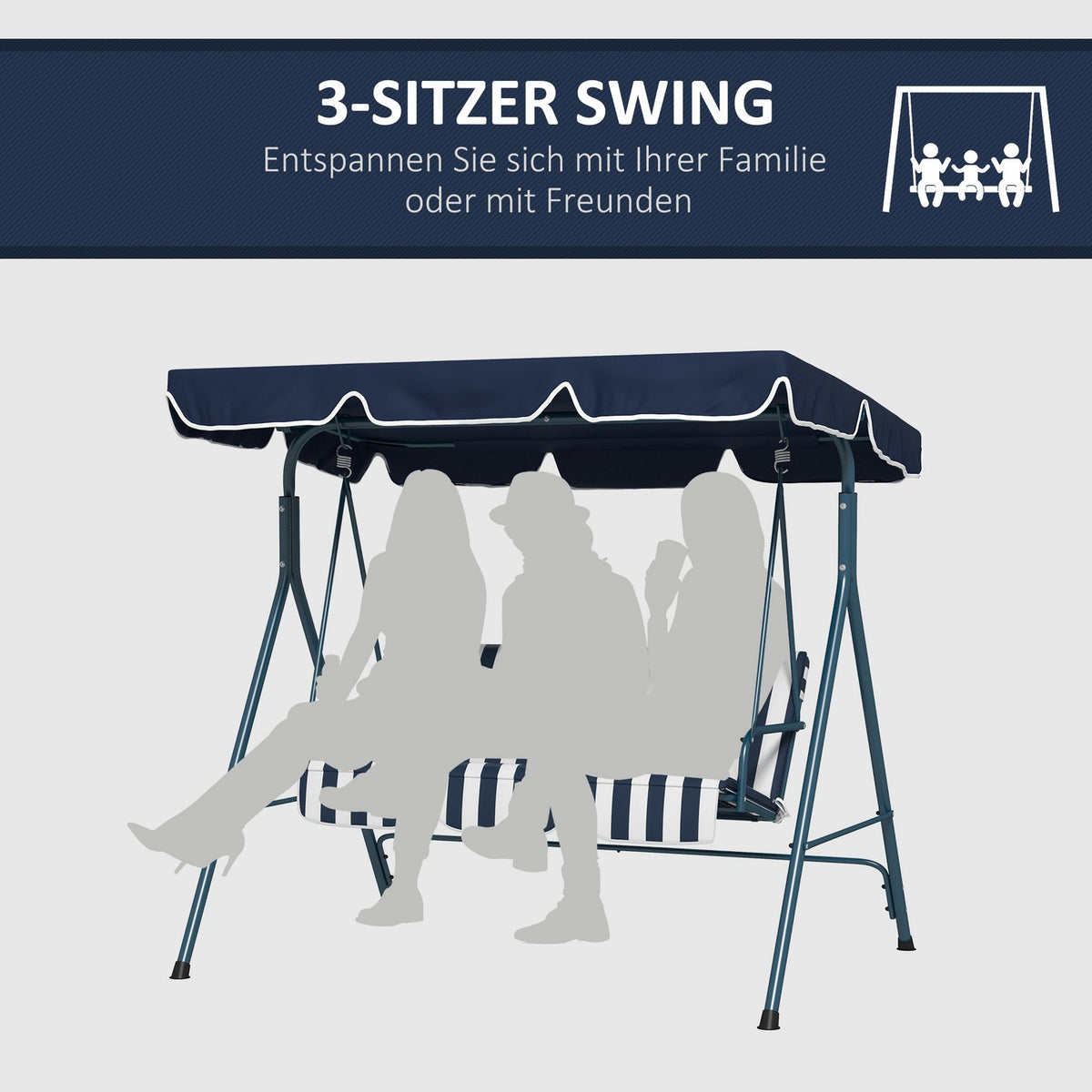 Hollywood swing 3-seater garden swing with adjustable roof, water-repellent swing bench can hold up to 240 kg, for garden, balcony, mesh, blue