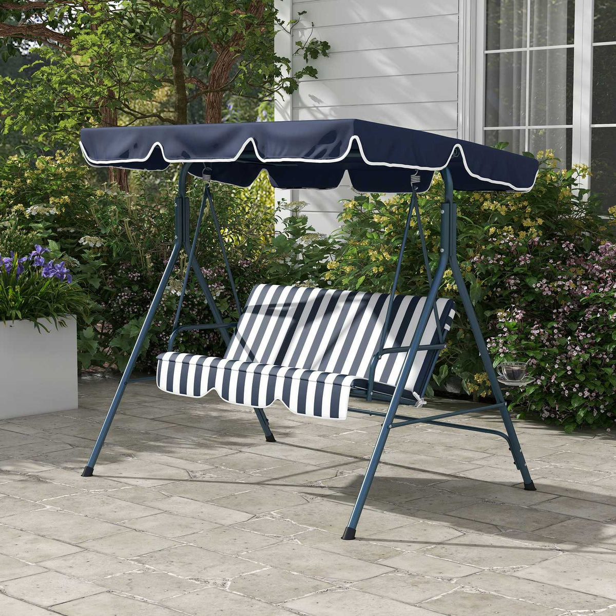 Hollywood swing 3-seater garden swing with adjustable roof, water-repellent swing bench can hold up to 240 kg, for garden, balcony, mesh, blue