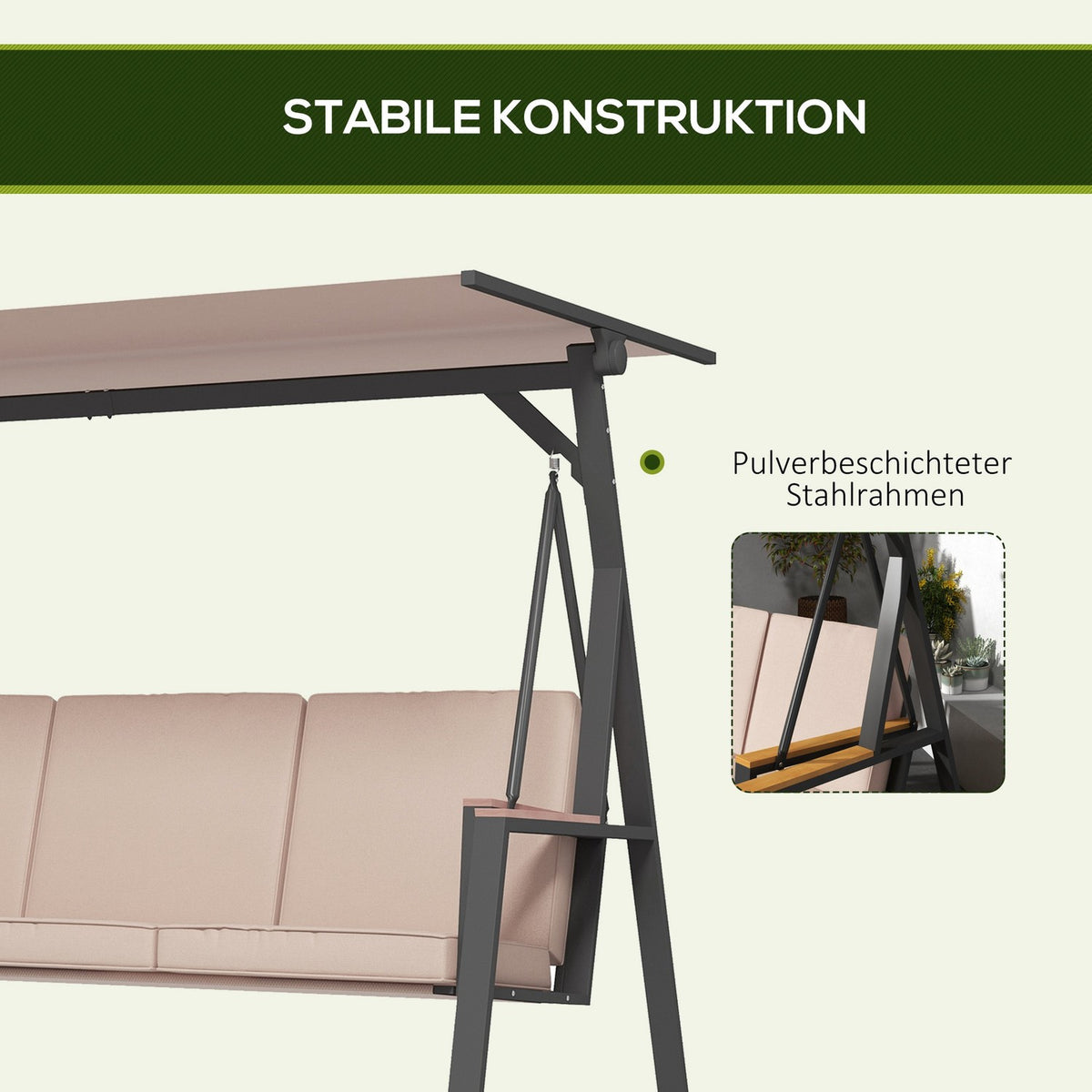 Hollywood swing 3-seater rocking bench with cushions and adjustable roof up to 300 kg Khaki 205x130x175 cm for garden and terrace
