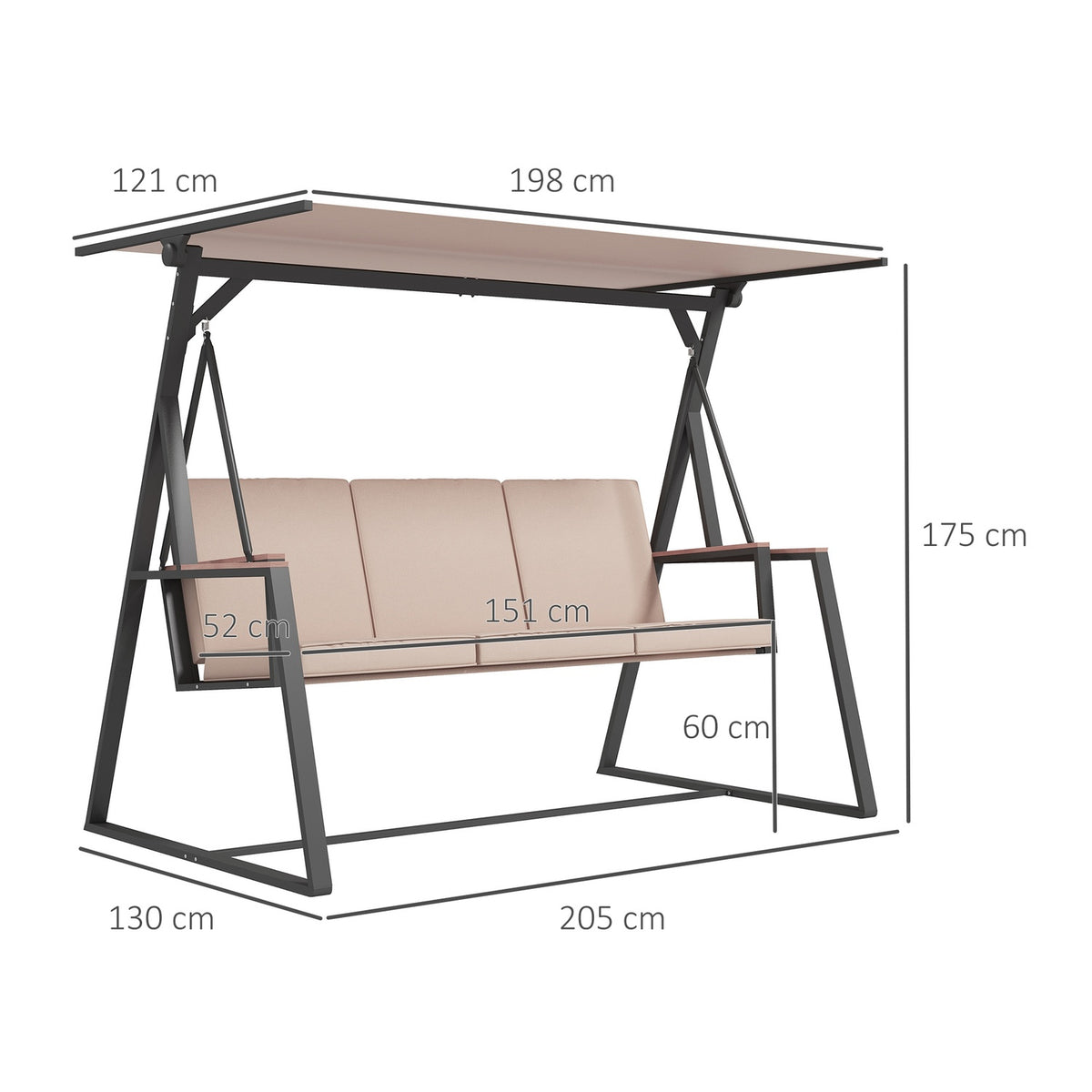 Hollywood swing 3-seater rocking bench with cushions and adjustable roof up to 300 kg Khaki 205x130x175 cm for garden and terrace