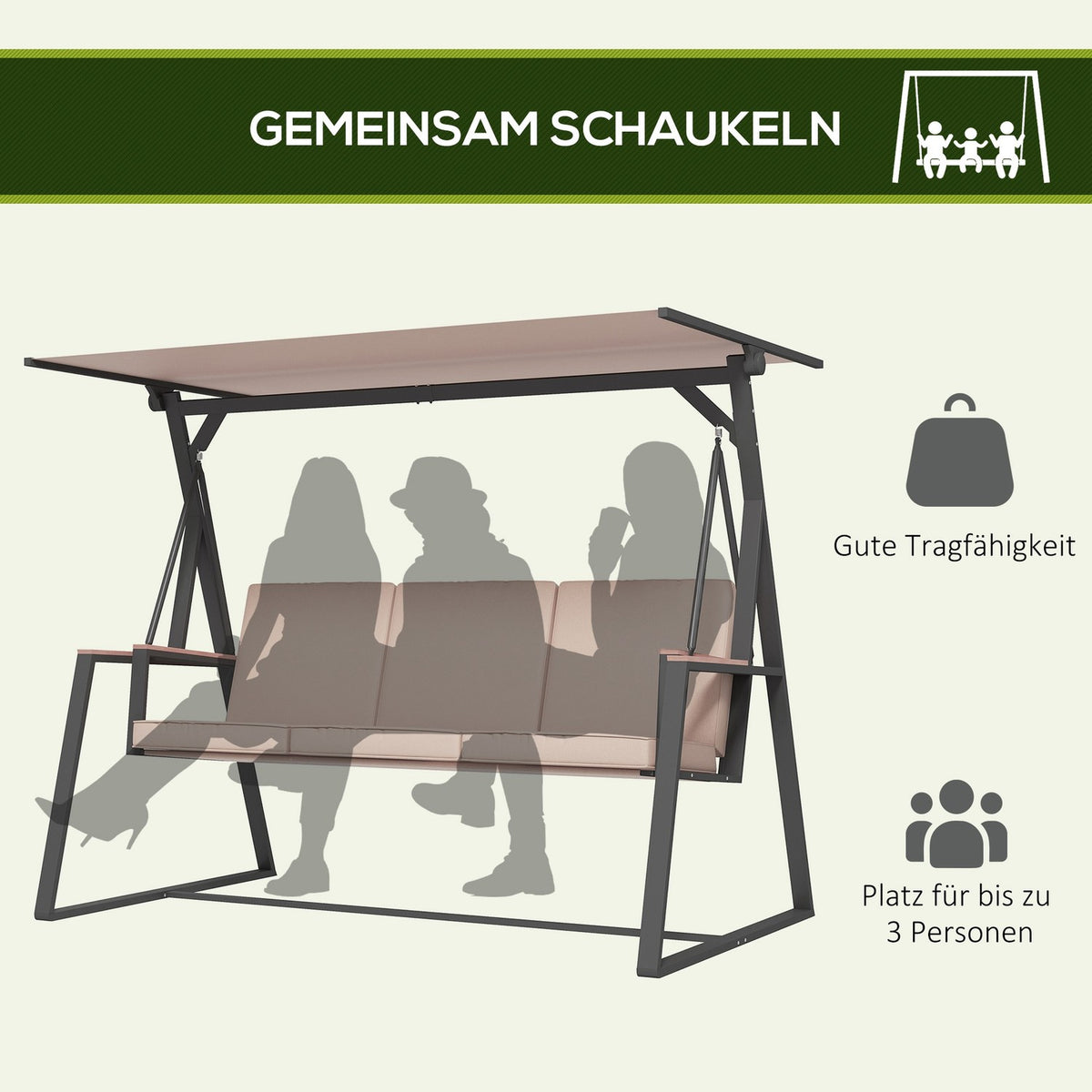 Hollywood swing 3-seater rocking bench with cushions and adjustable roof up to 300 kg Khaki 205x130x175 cm for garden and terrace
