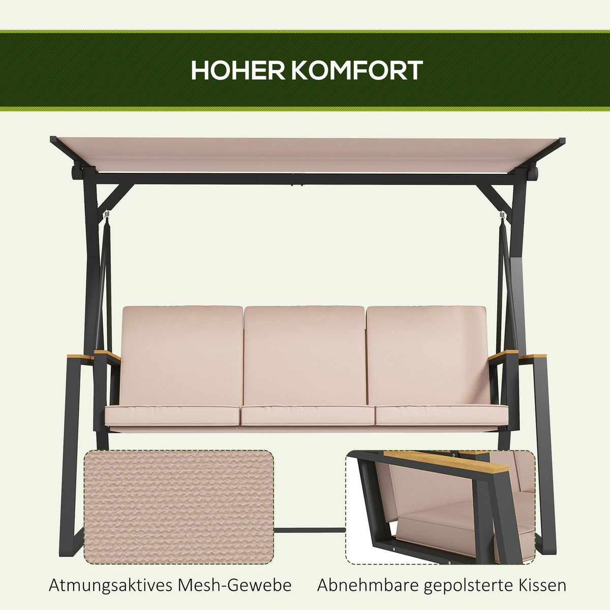 Hollywood swing 3-seater rocking bench with cushions and adjustable roof up to 300 kg Khaki 205x130x175 cm for garden and terrace