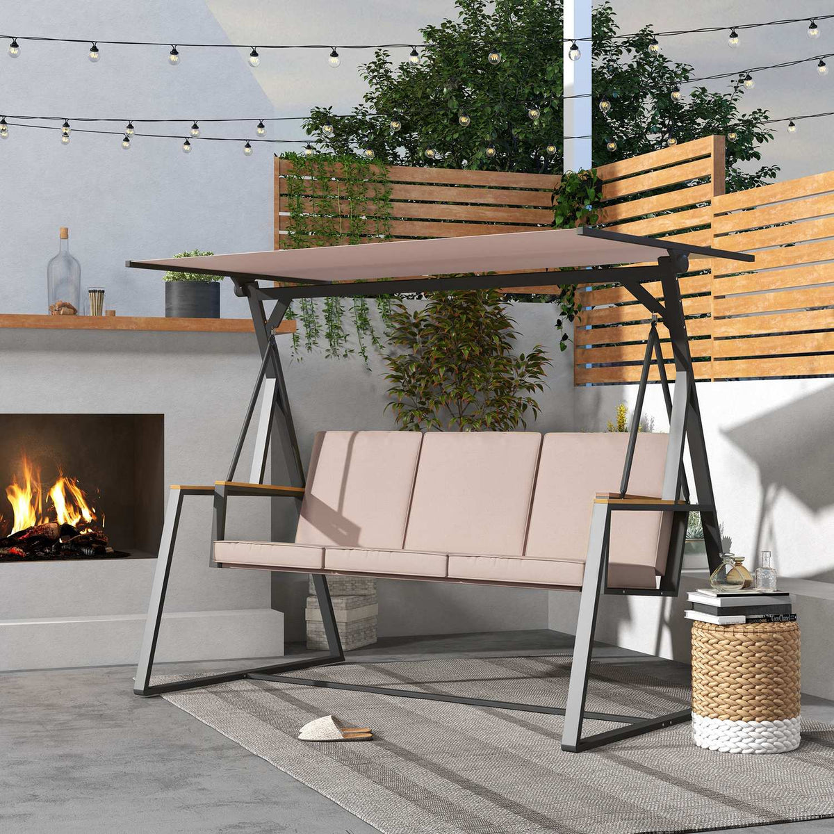 Hollywood swing 3-seater rocking bench with cushions and adjustable roof up to 300 kg Khaki 205x130x175 cm for garden and terrace