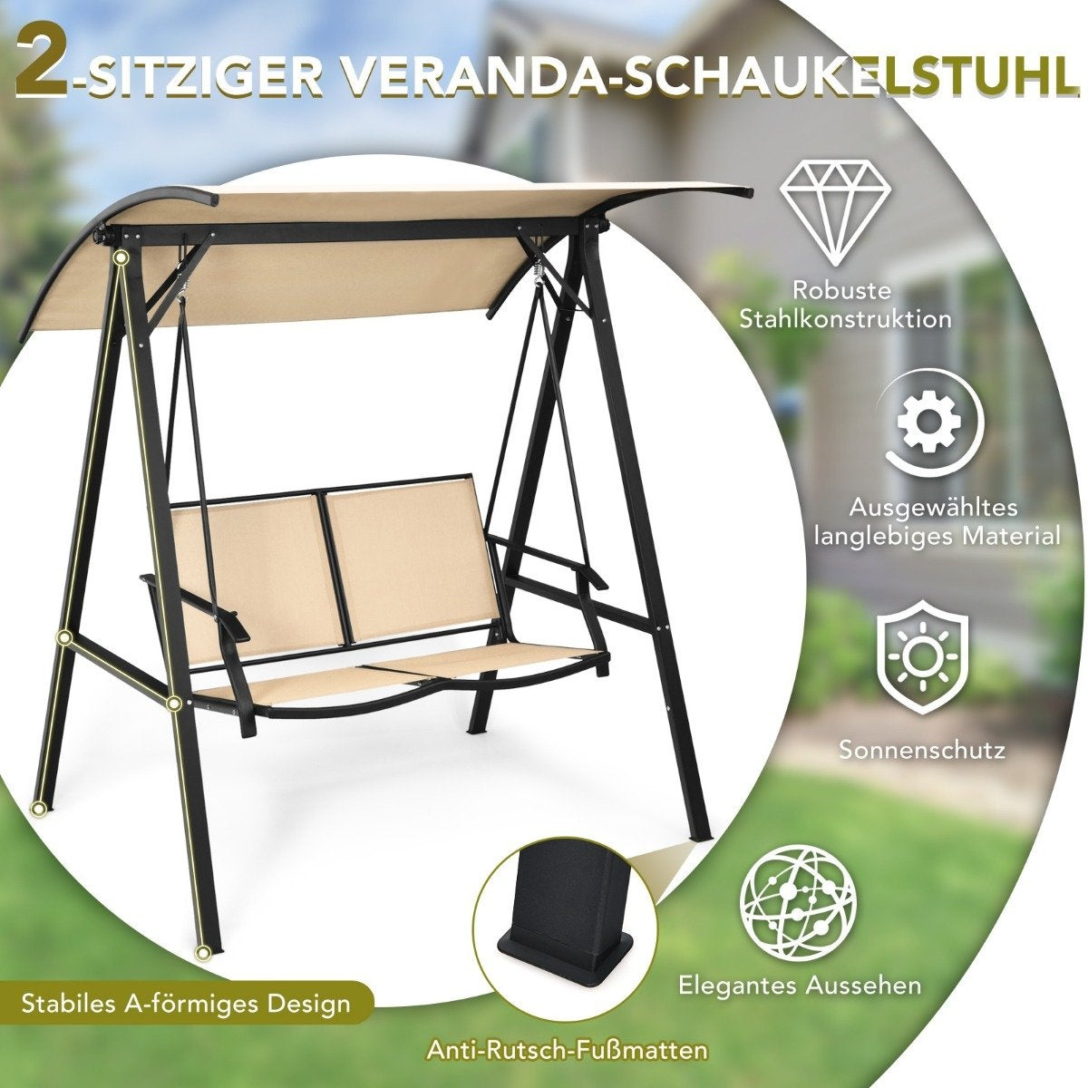 Hollywood swing with adjustable roof 2-seater garden swing 152 x 112 x 165 cm beige