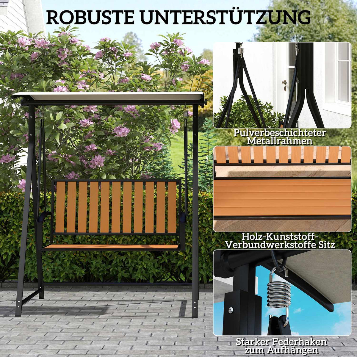 Hollywood swing with adjustable sun canopy, 2-seater garden swing, weatherproof swing bench, load capacity up to 240kg, garden lounger for garden, terrace, 142 x 112 x 162cm, black