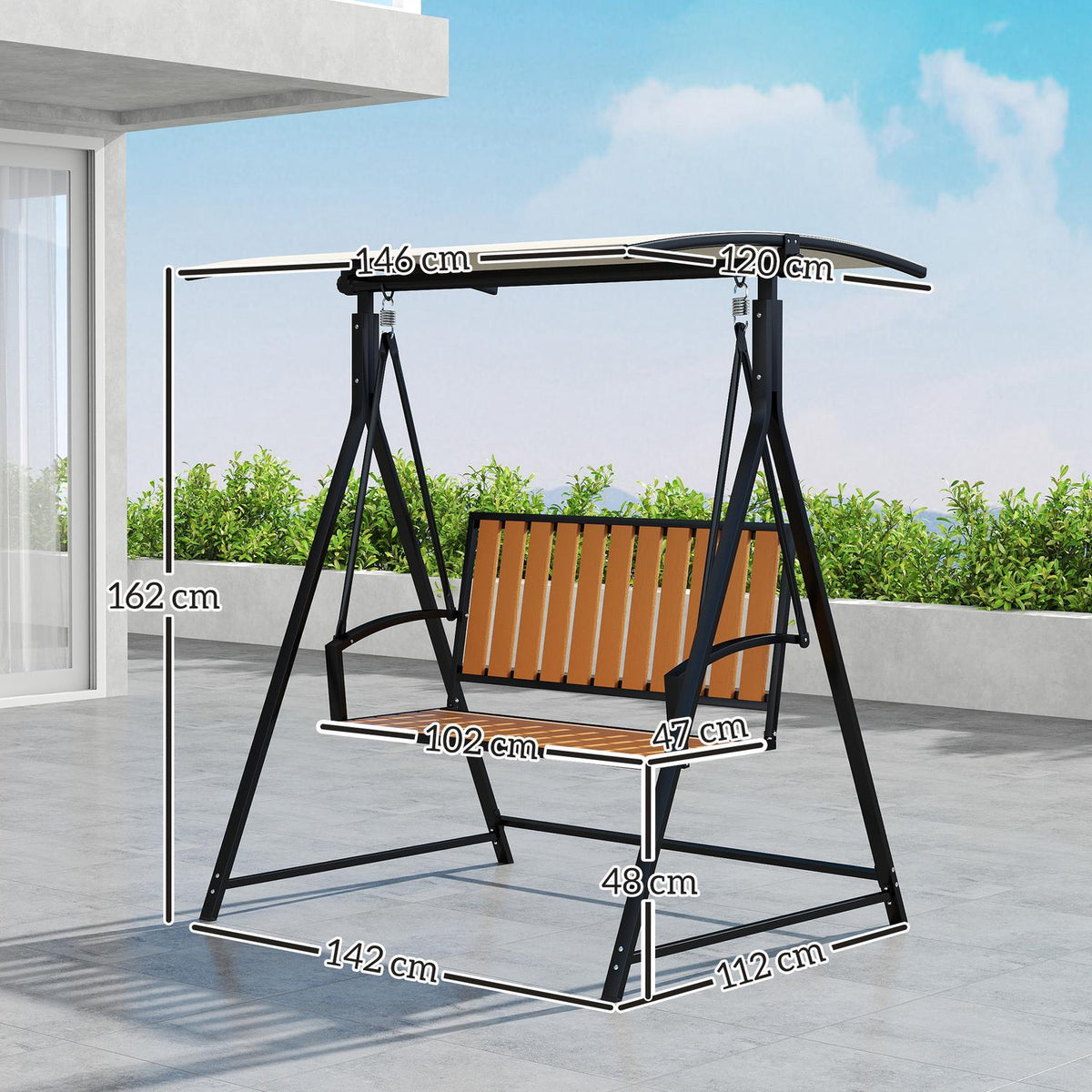 Hollywood swing with adjustable sun canopy, 2-seater garden swing, weatherproof swing bench, load capacity up to 240kg, garden lounger for garden, terrace, 142 x 112 x 162cm, black