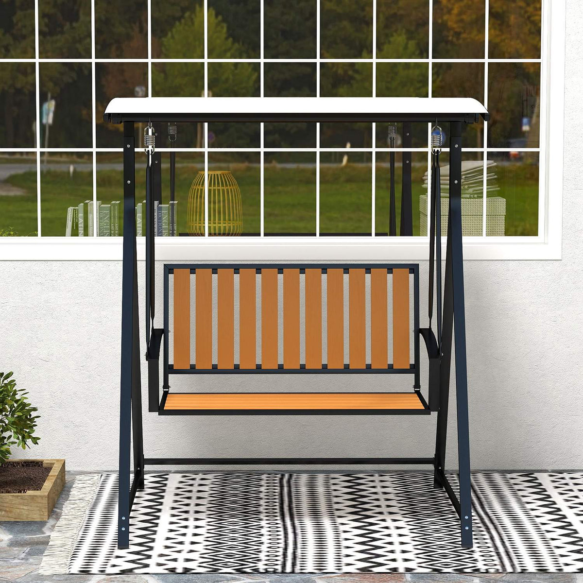 Hollywood swing with adjustable sun canopy, 2-seater garden swing, weatherproof swing bench, load capacity up to 240kg, garden lounger for garden, terrace, 142 x 112 x 162cm, black
