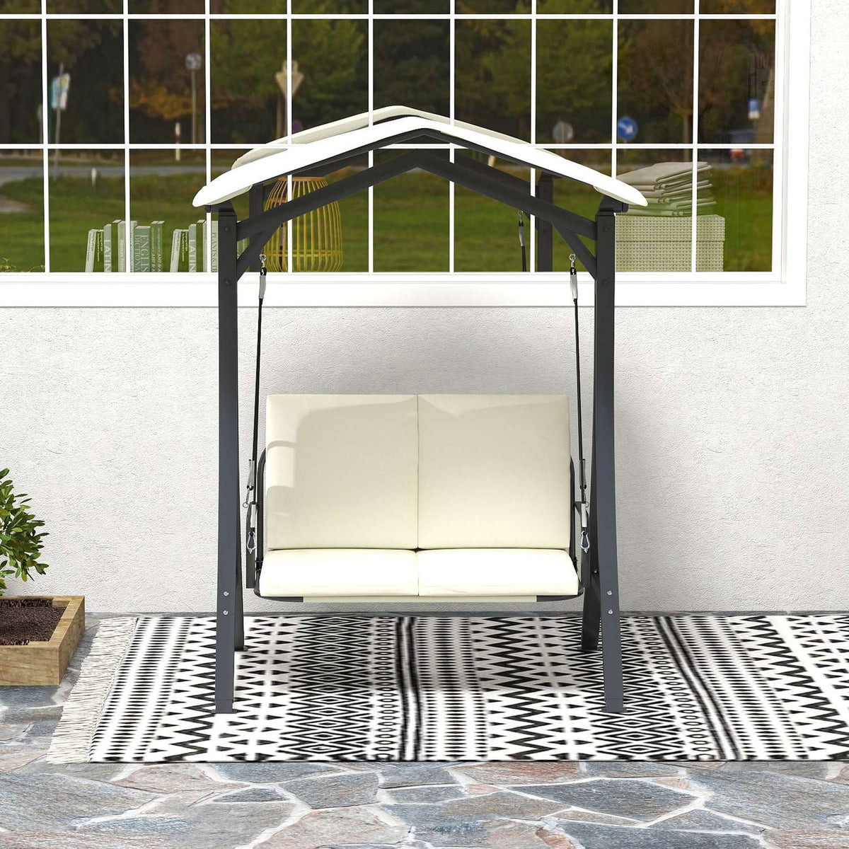 Hollywood swing with adjustable sun canopy seat cover, protective cover 2-seater garden swing loadable up to 220kg, UV 30+ swing bench for garden, terrace, 150x120x182cm, cream white