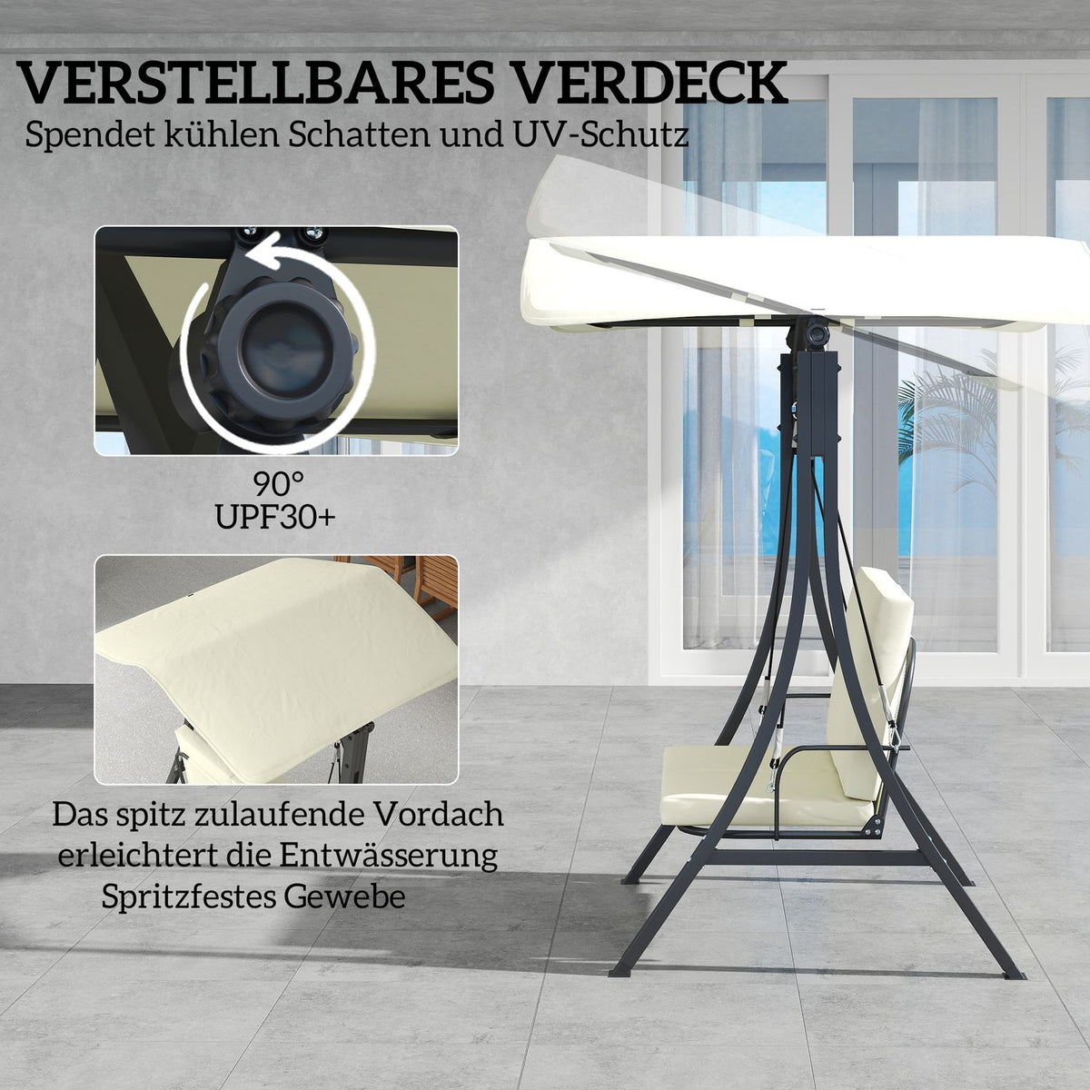 Hollywood swing with adjustable sun canopy seat cover, protective cover 2-seater garden swing loadable up to 220kg, UV 30+ swing bench for garden, terrace, 150x120x182cm, cream white
