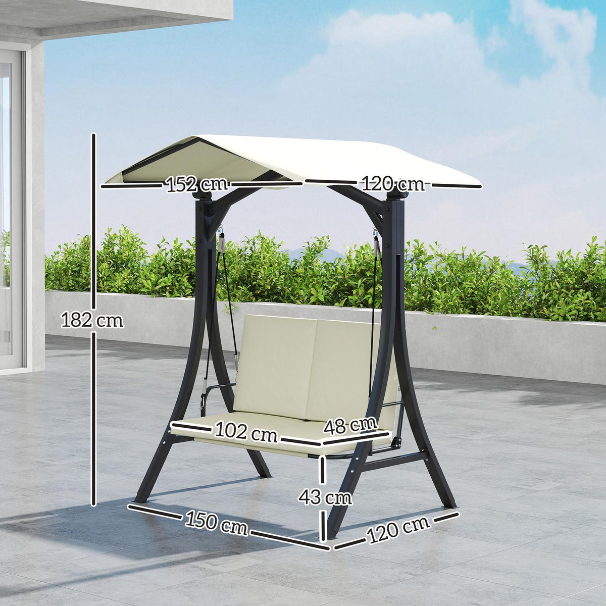 Hollywood swing with adjustable sun canopy seat cover, protective cover 2-seater garden swing loadable up to 220kg, UV 30+ swing bench for garden, terrace, 150x120x182cm, cream white