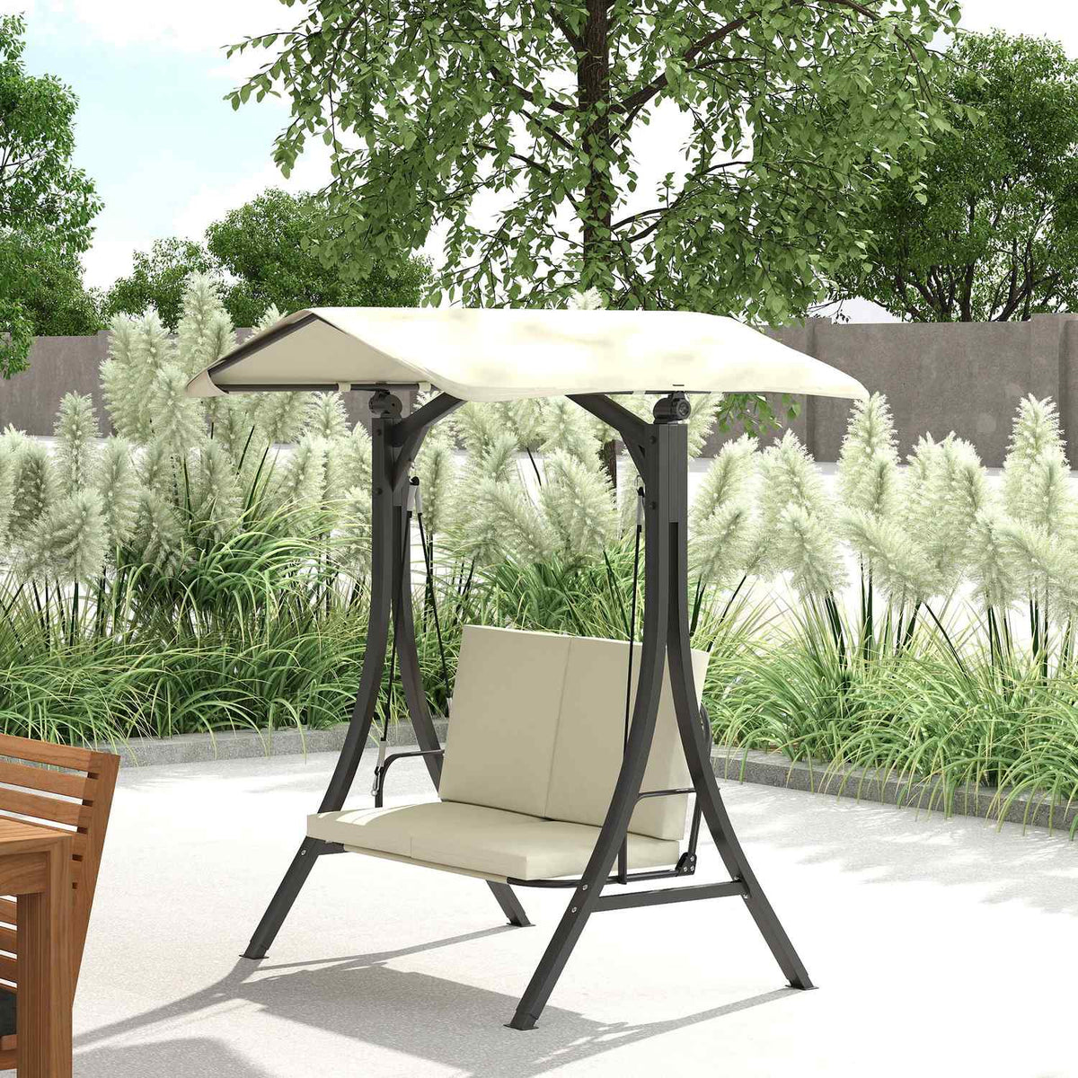 Hollywood swing with adjustable sun canopy seat cover, protective cover 2-seater garden swing loadable up to 220kg, UV 30+ swing bench for garden, terrace, 150x120x182cm, cream white
