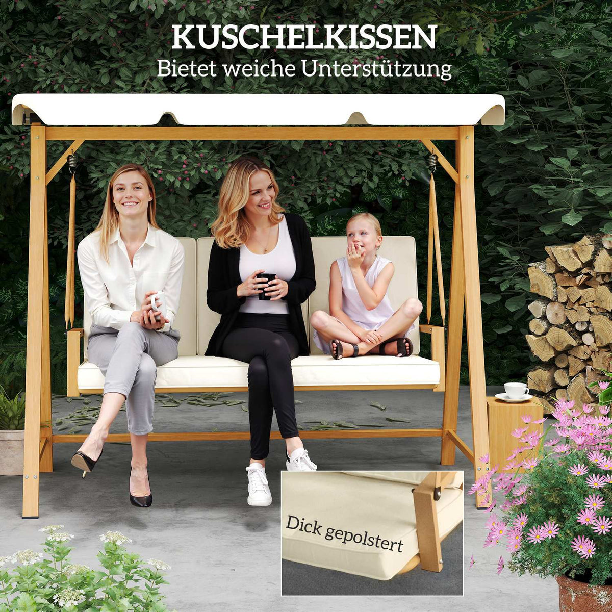 Hollywood swing with adjustable sun canopy seat cover, wood look, 3-seater garden swing, load capacity up to 330kg, swing bench for garden, terrace 198 x 120 x 170cm, beige |