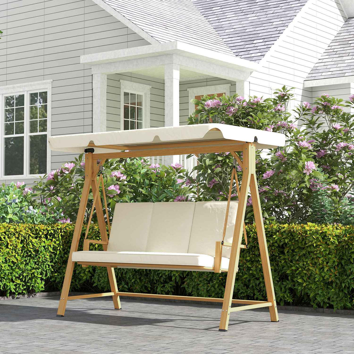 Hollywood swing with adjustable sun canopy seat cover, wood look, 3-seater garden swing, load capacity up to 330kg, swing bench for garden, terrace 198 x 120 x 170cm, beige |