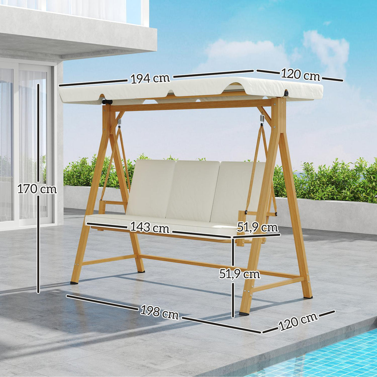 Hollywood swing with adjustable sun canopy seat cover, wood look, 3-seater garden swing, load capacity up to 330kg, swing bench for garden, terrace 198 x 120 x 170cm, beige |