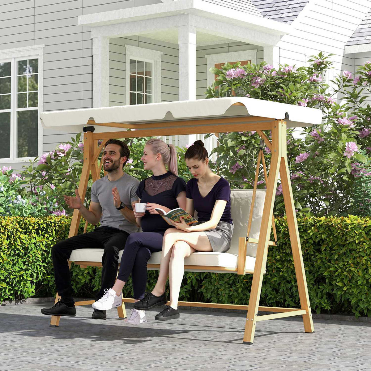 Hollywood swing with adjustable sun canopy seat cover, wood look, 3-seater garden swing, load capacity up to 330kg, swing bench for garden, terrace 198 x 120 x 170cm, beige |