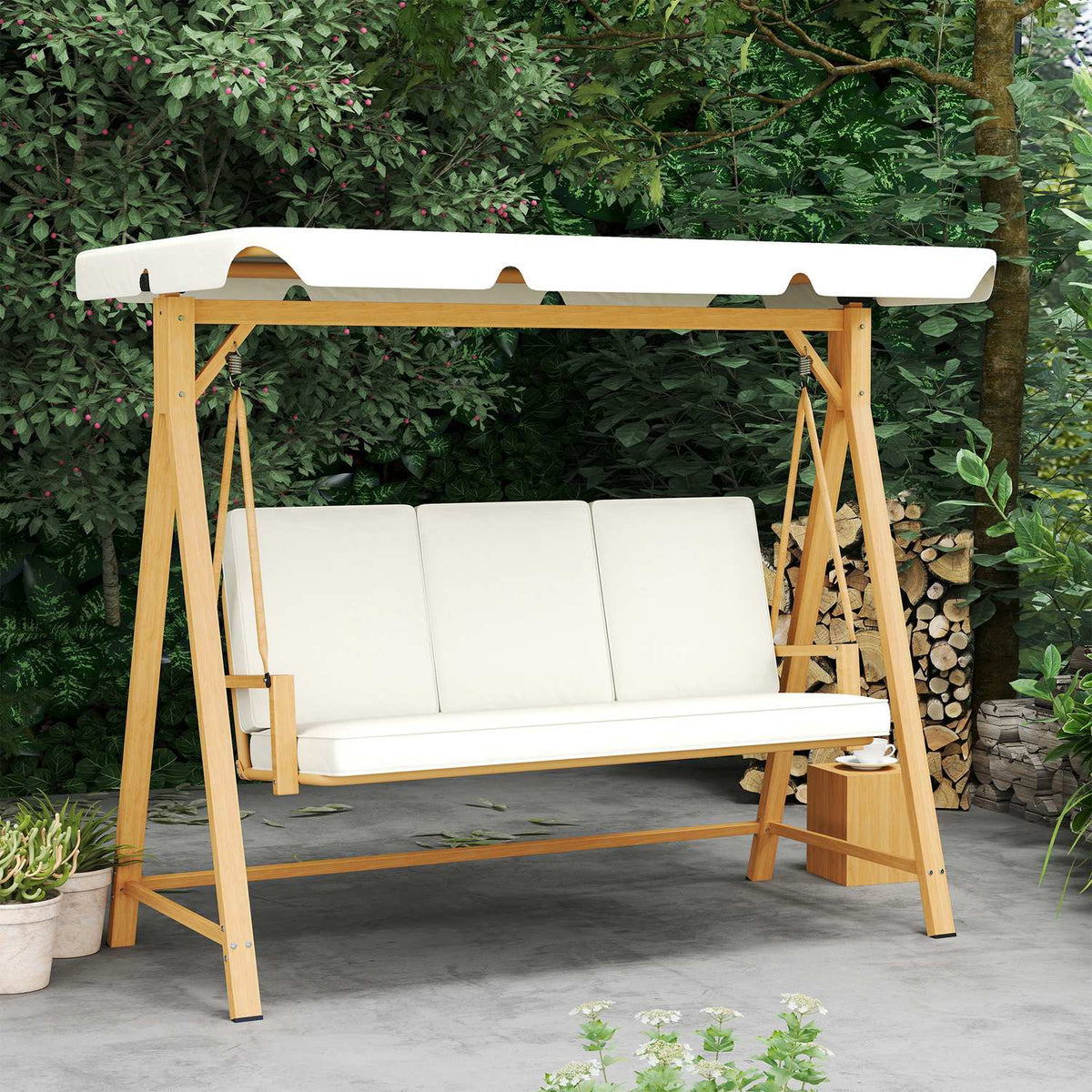 Hollywood swing with adjustable sun canopy seat cover, wood look, 3-seater garden swing, load capacity up to 330kg, swing bench for garden, terrace 198 x 120 x 170cm, beige |