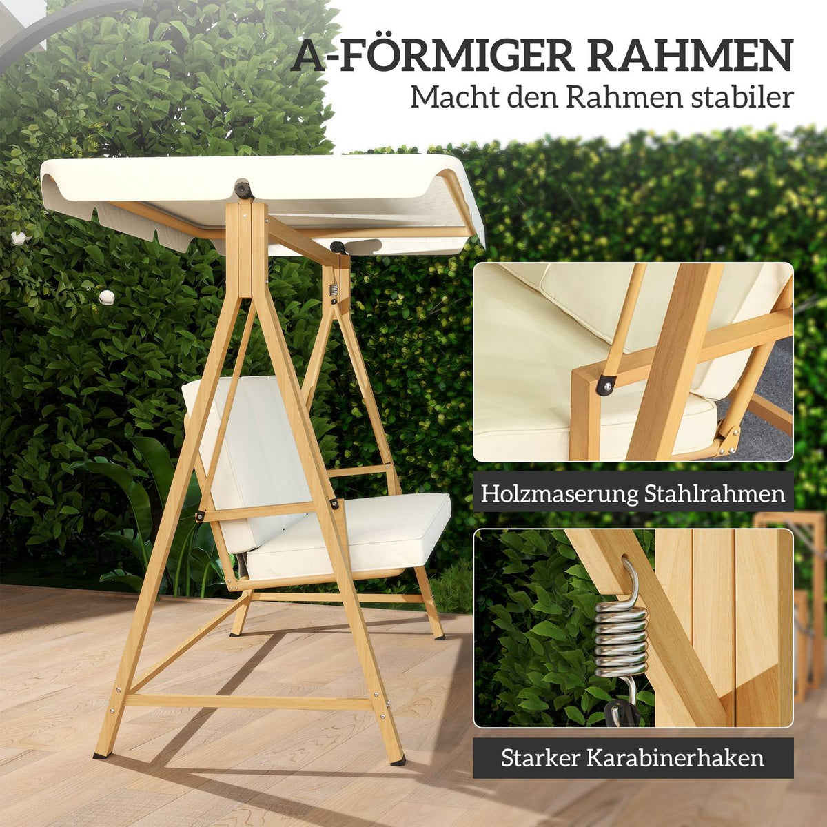 Hollywood swing with adjustable sun canopy seat cover, wood look, 3-seater garden swing, load capacity up to 330kg, swing bench for garden, terrace 198 x 120 x 170cm, beige |