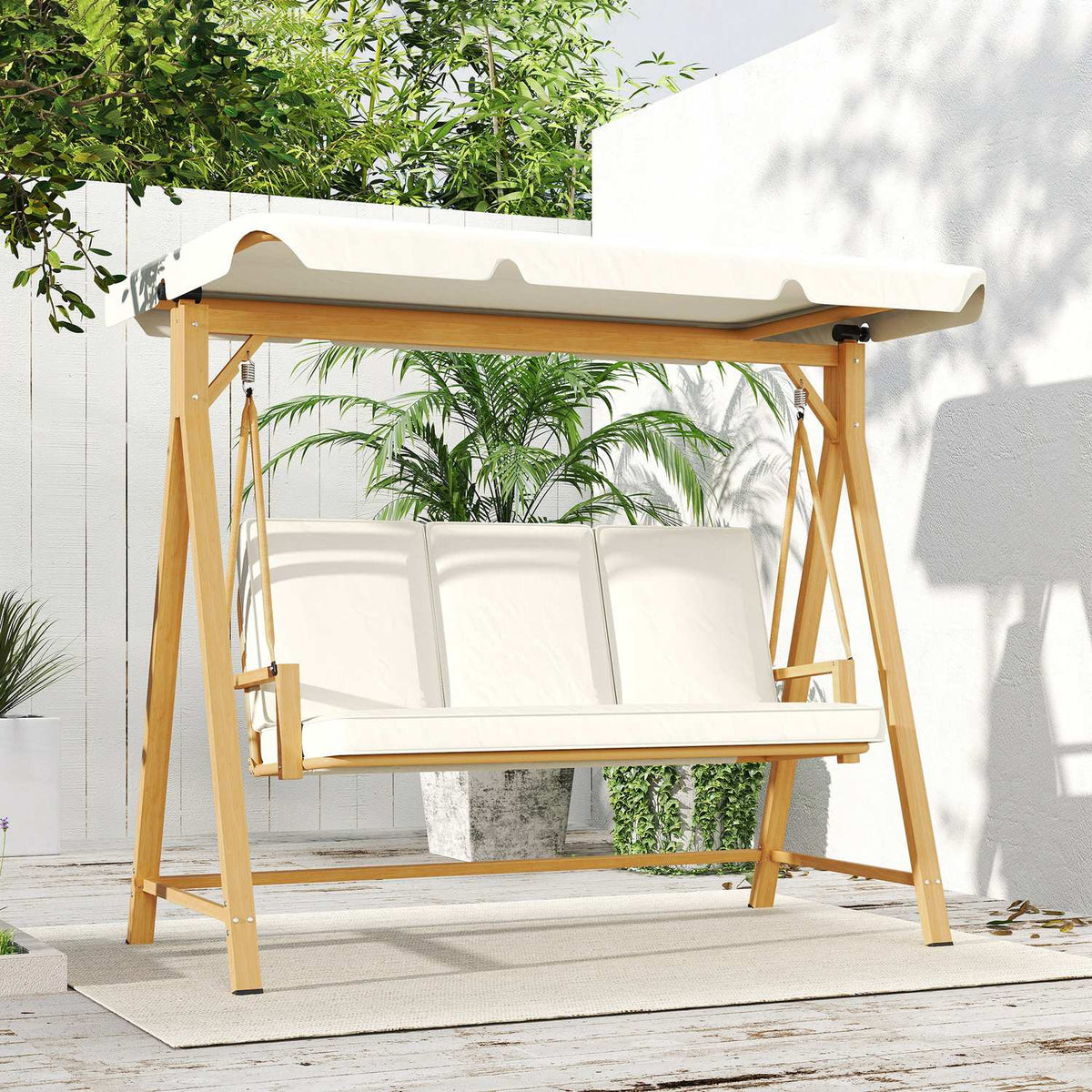 Hollywood swing with adjustable sun canopy seat cover, wood look, 3-seater garden swing, load capacity up to 330kg, swing bench for garden, terrace 198 x 120 x 170cm, beige |