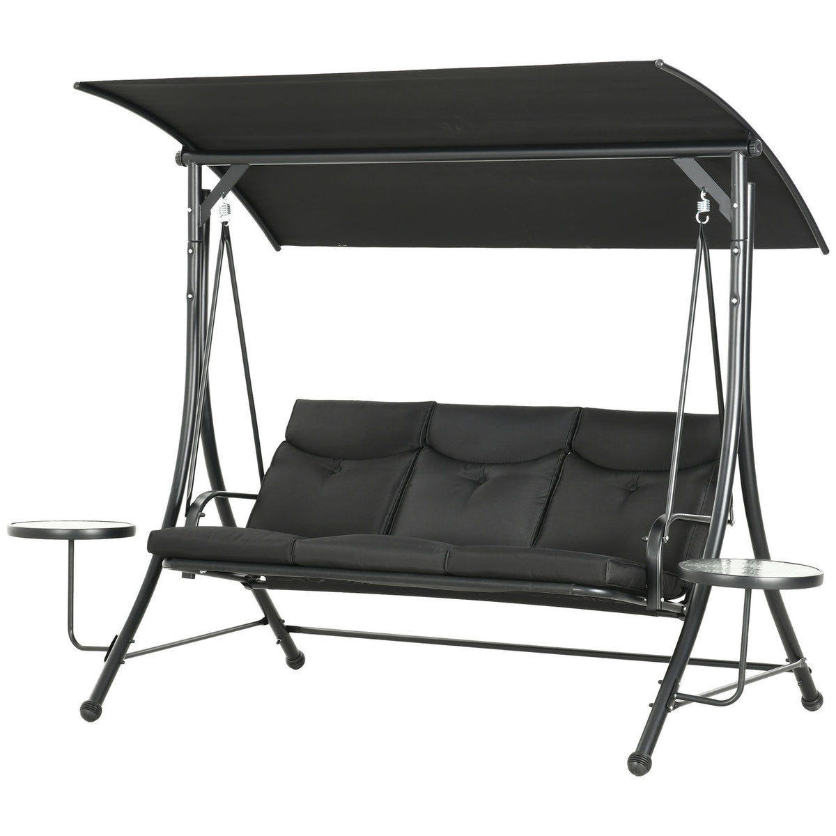 Hollywood swing with coffee tables, 3-seater garden swing with adjustable sun canopy, swing bench loads up to 300kg, for garden, terrace, 271 x 125 x 177 cm, black