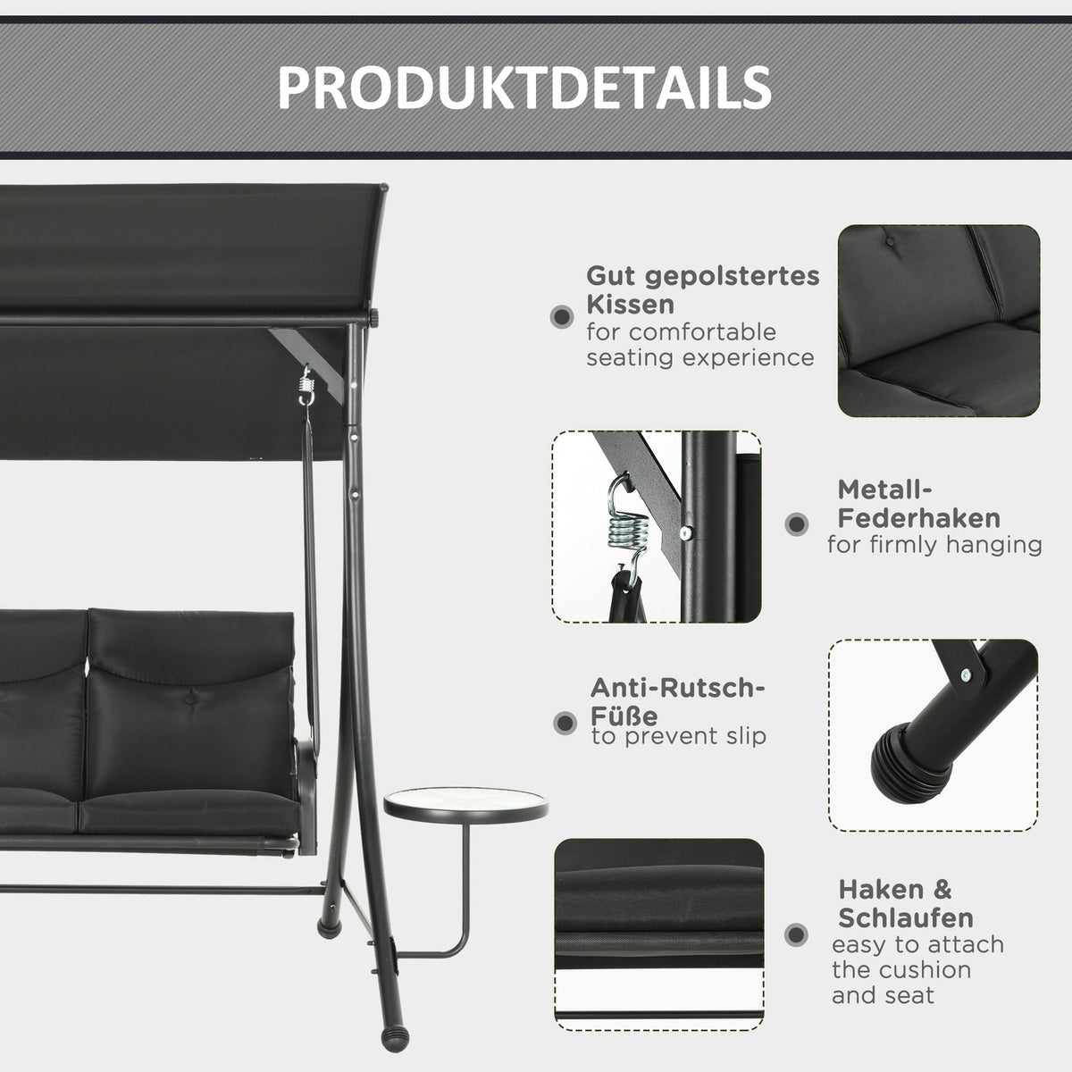 Hollywood swing with coffee tables, 3-seater garden swing with adjustable sun canopy, swing bench loads up to 300kg, for garden, terrace, 271 x 125 x 177 cm, black