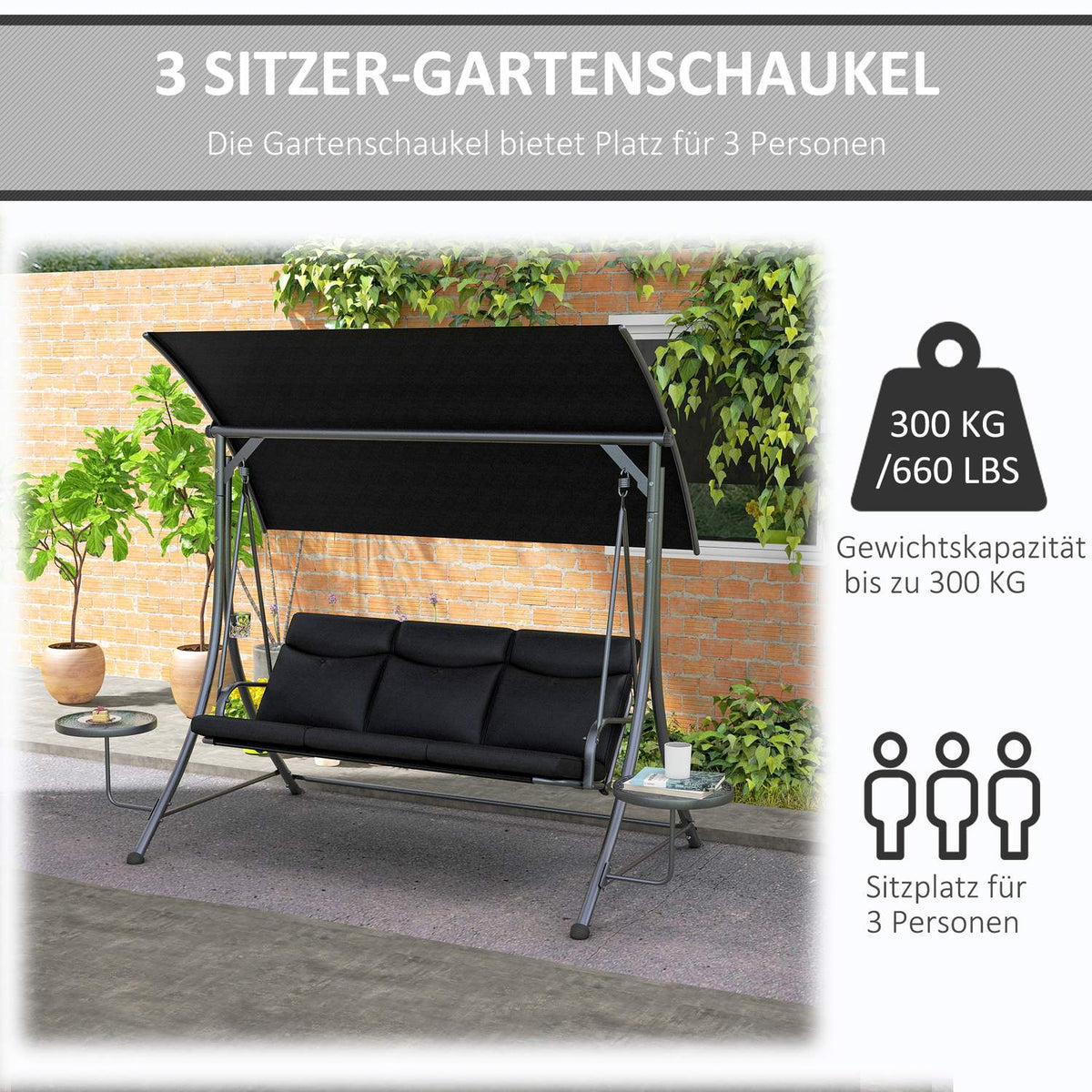 Hollywood swing with coffee tables, 3-seater garden swing with adjustable sun canopy, swing bench loads up to 300kg, for garden, terrace, 271 x 125 x 177 cm, black