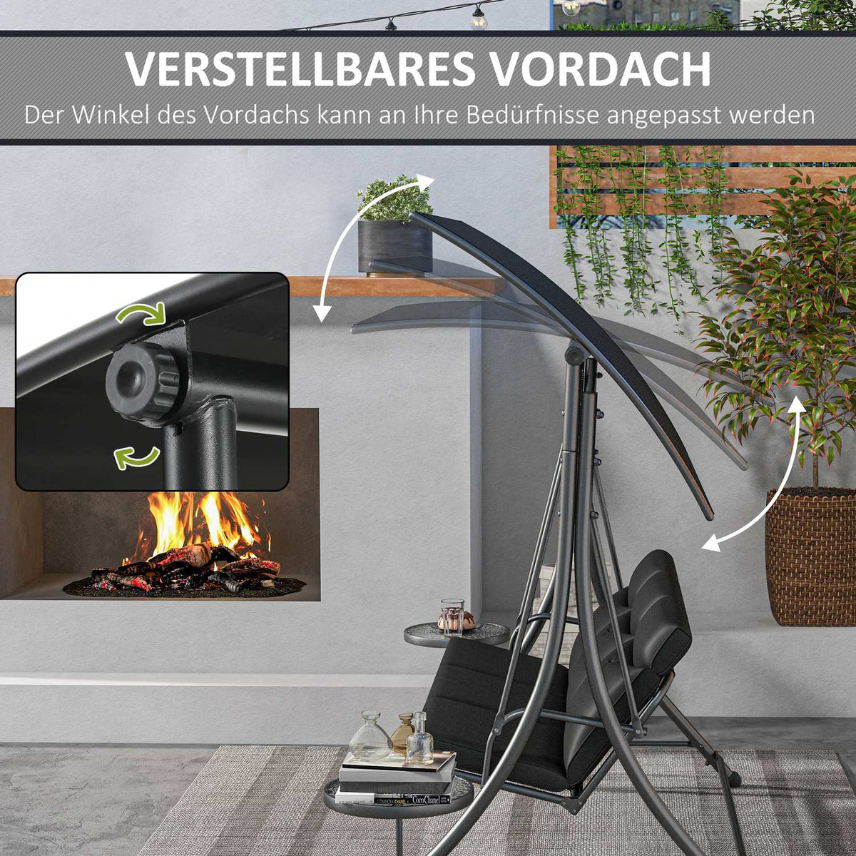 Hollywood swing with coffee tables, 3-seater garden swing with adjustable sun canopy, swing bench loads up to 300kg, for garden, terrace, 271 x 125 x 177 cm, black