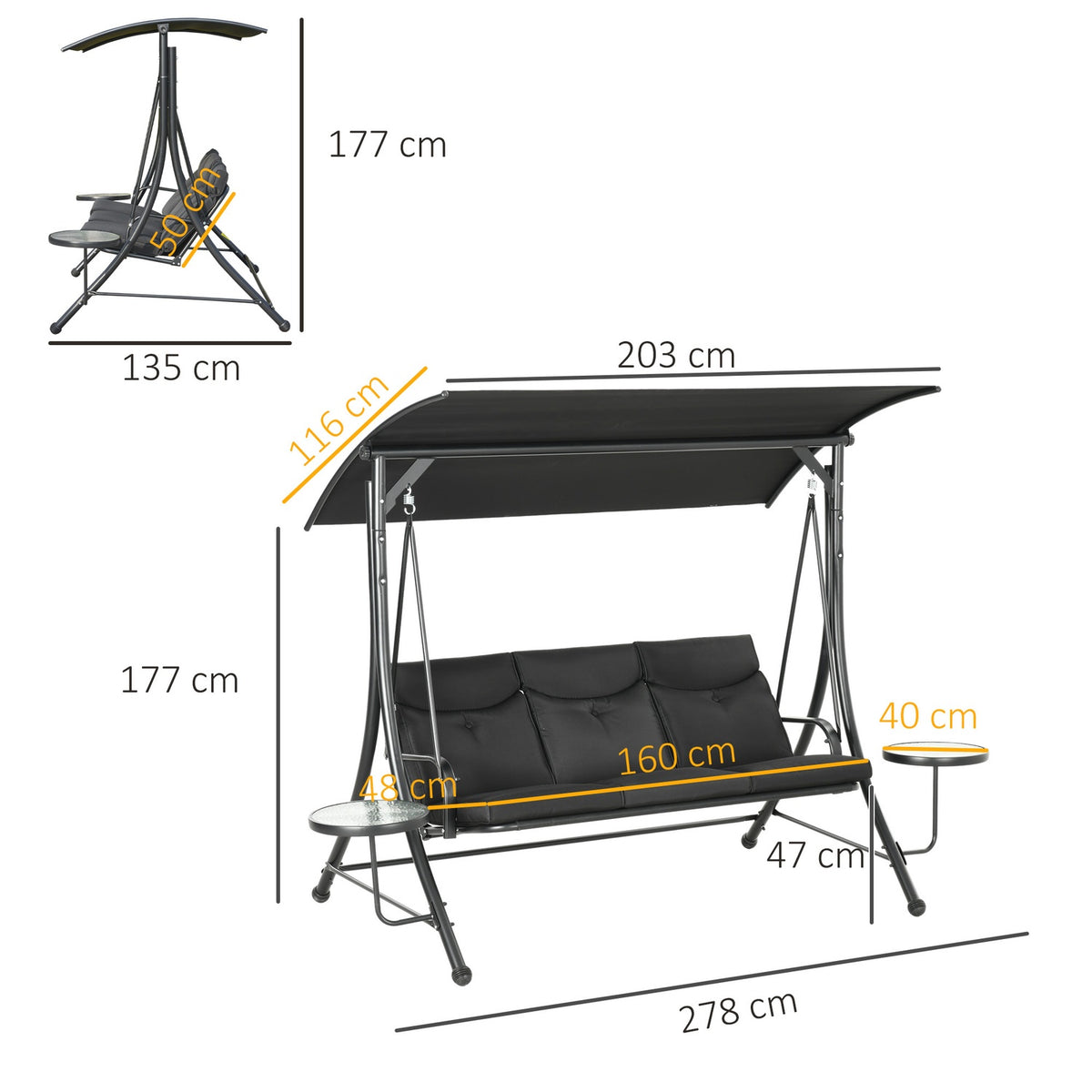 Hollywood swing with coffee tables, 3-seater garden swing with adjustable sun canopy, swing bench loads up to 300kg, for garden, terrace, 271 x 125 x 177 cm, black