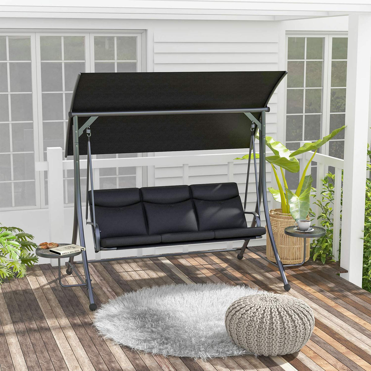 Hollywood swing with coffee tables, 3-seater garden swing with adjustable sun canopy, swing bench loads up to 300kg, for garden, terrace, 271 x 125 x 177 cm, black