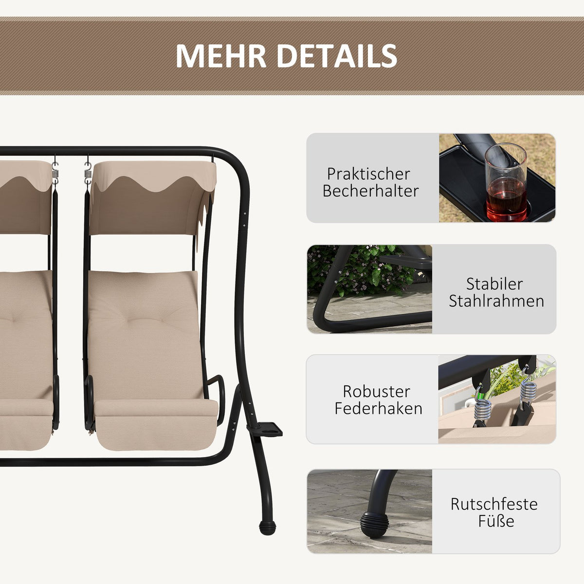 Hollywood swing with cup holder and seat cushion, 2-seater garden swing with sun canopy, swing bench loads up to 220 kg, garden lounger for garden, terrace, 170 x 136 x 170 cm, beige