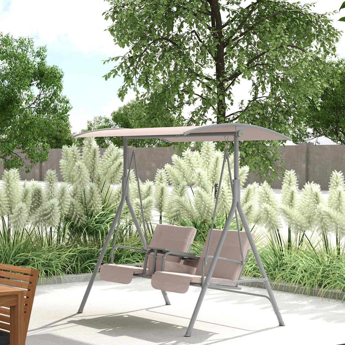 Hollywood swing with cup holder and side pocket, 2-seater garden swing with sun canopy, swing bench loads up to 180 kg, garden lounger for garden, terrace, 175 x 112 x 165 cm, beige
